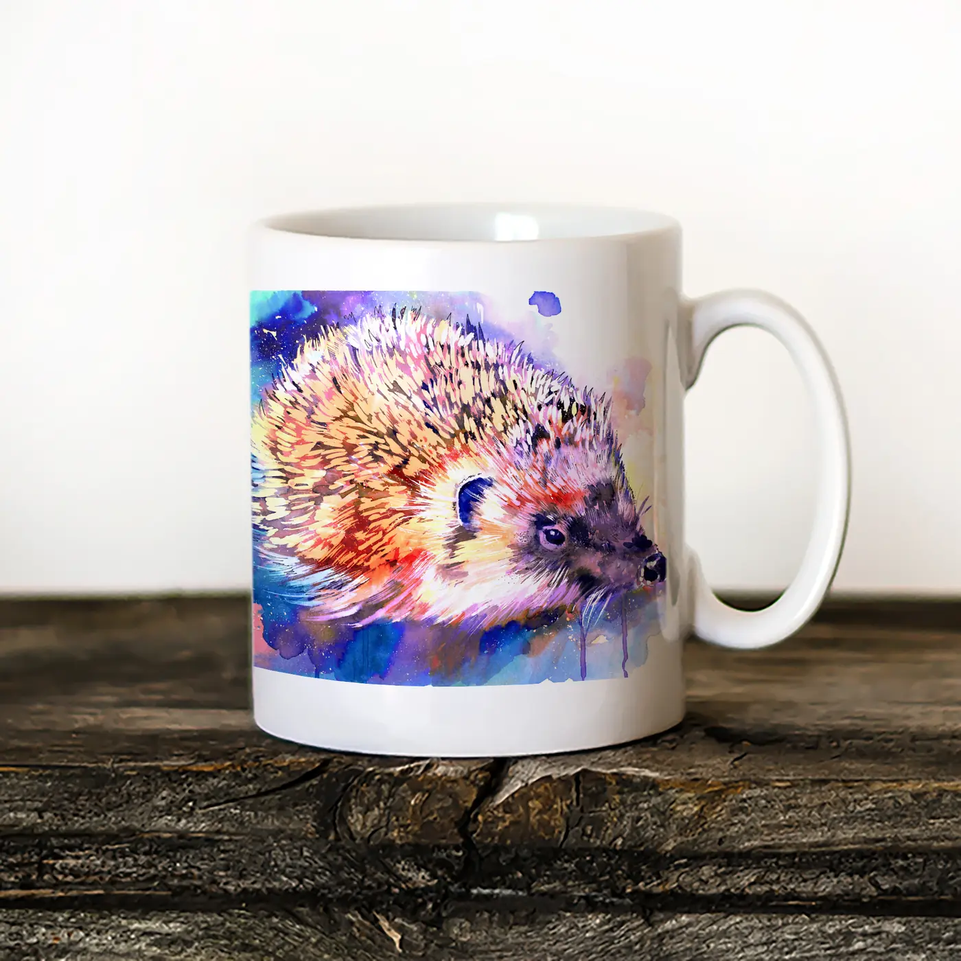 Ceramic mug with a watercolour hedgehog in blue print