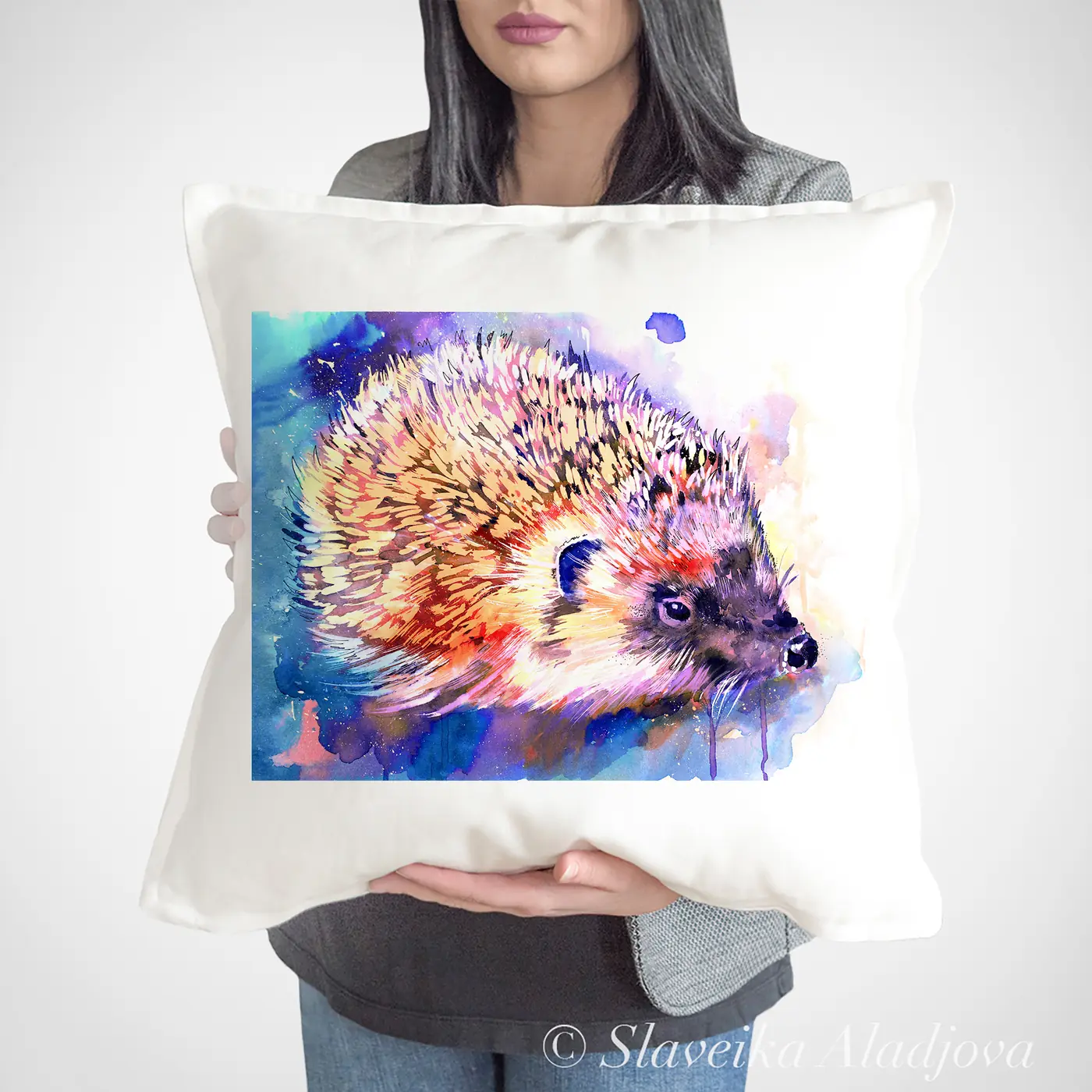 Cushion with a watercolour hedgehog in blue print