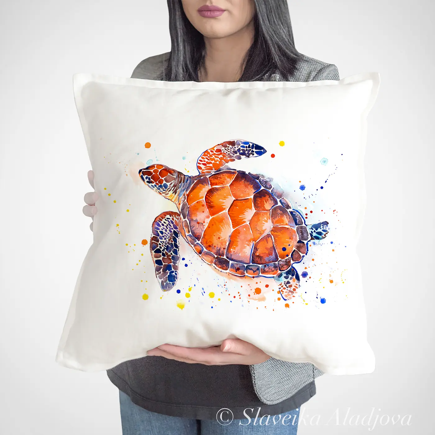 Cushion with a watercolour green sea turtle print