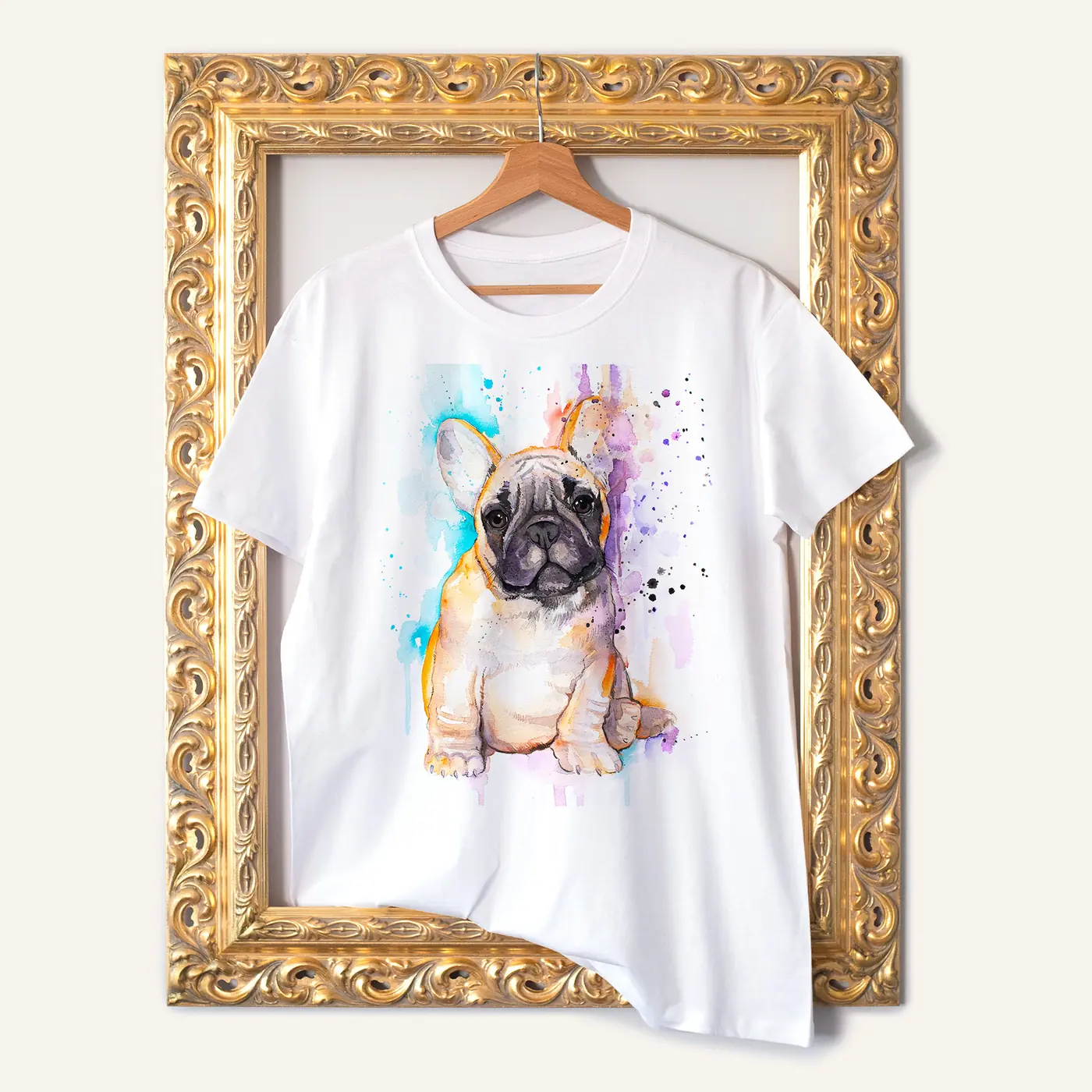 White t-shirt with a watercolour sandy french bulldog print