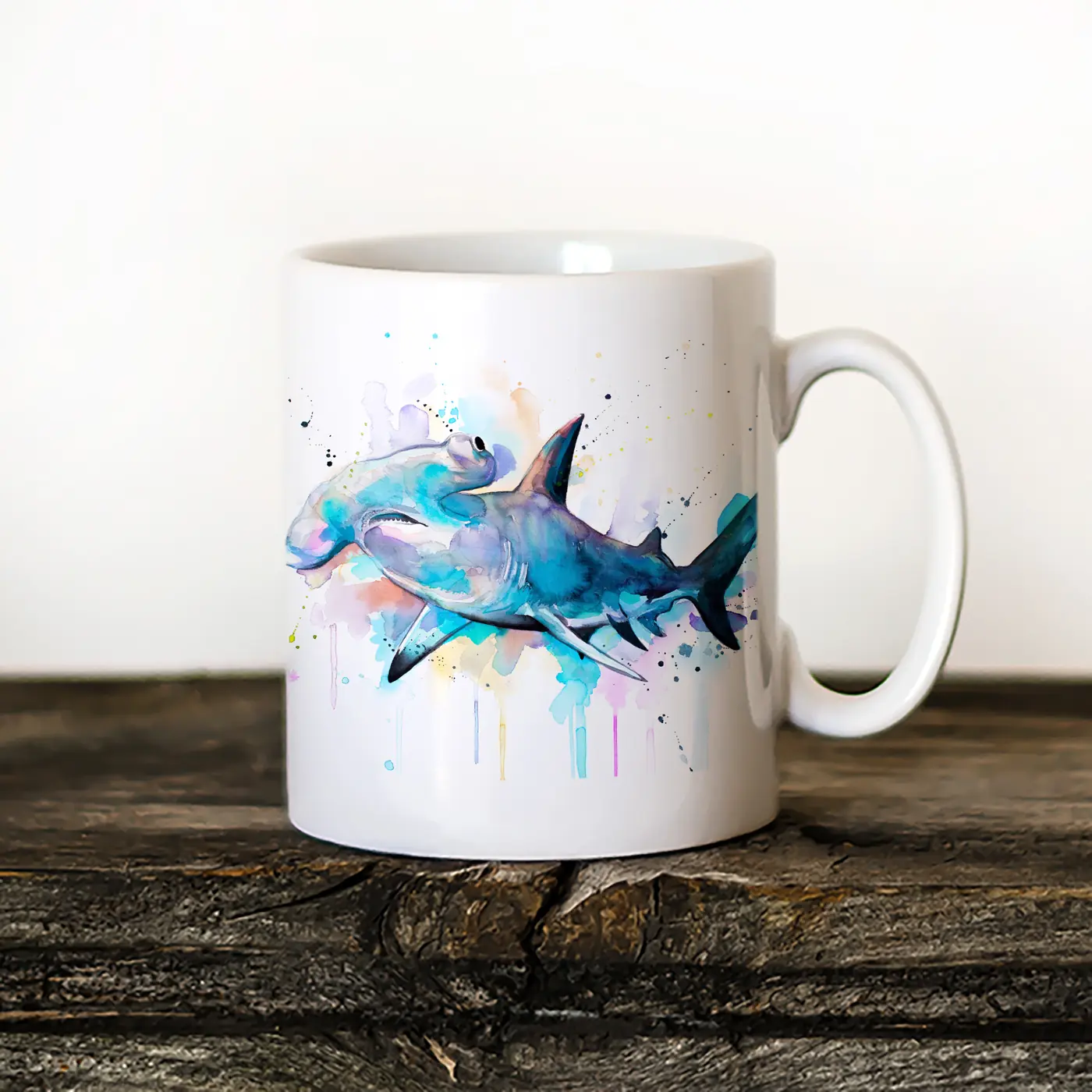 Ceramic mug with a watercolour hammerhead sharks print