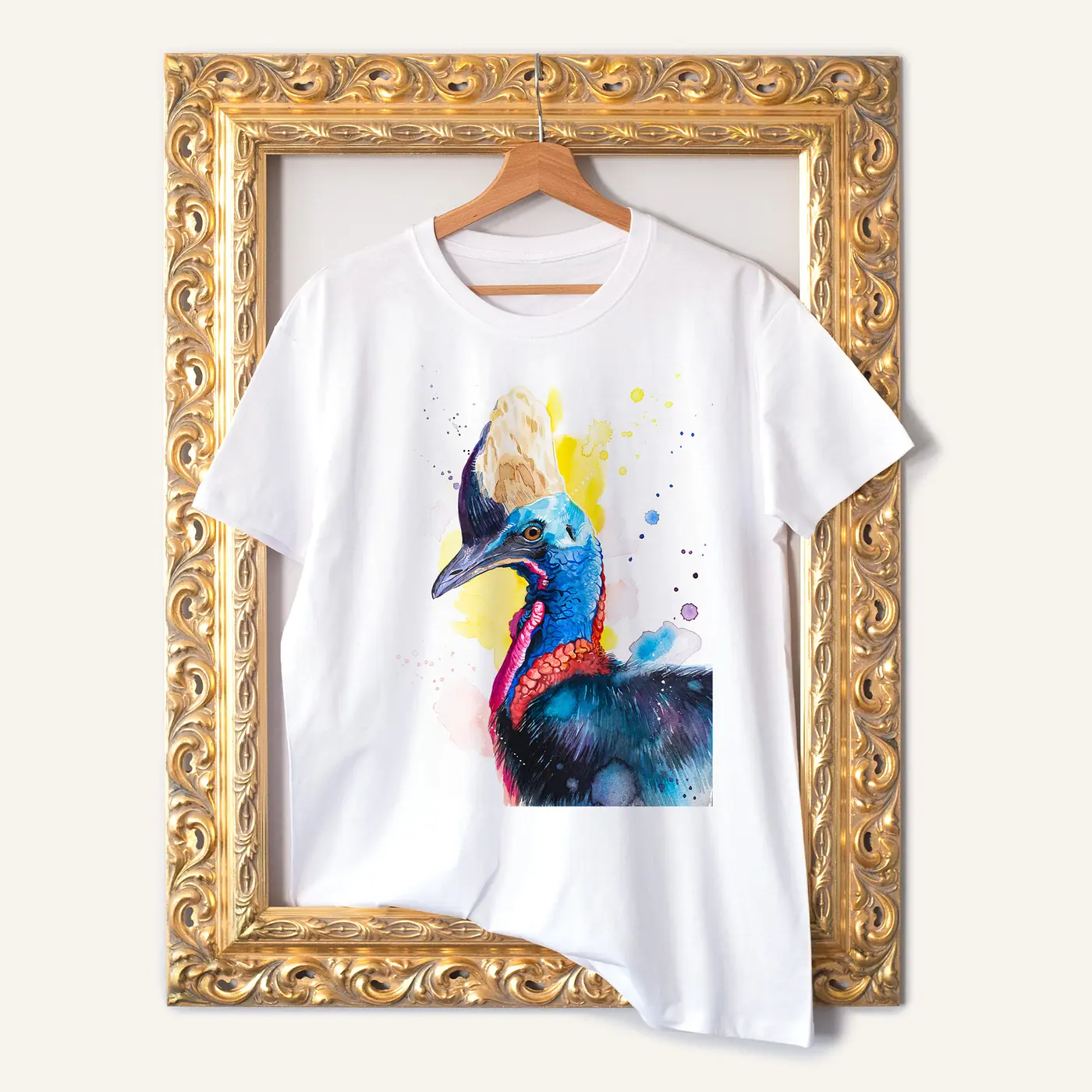 White t-shirt with a watercolour cassowary print