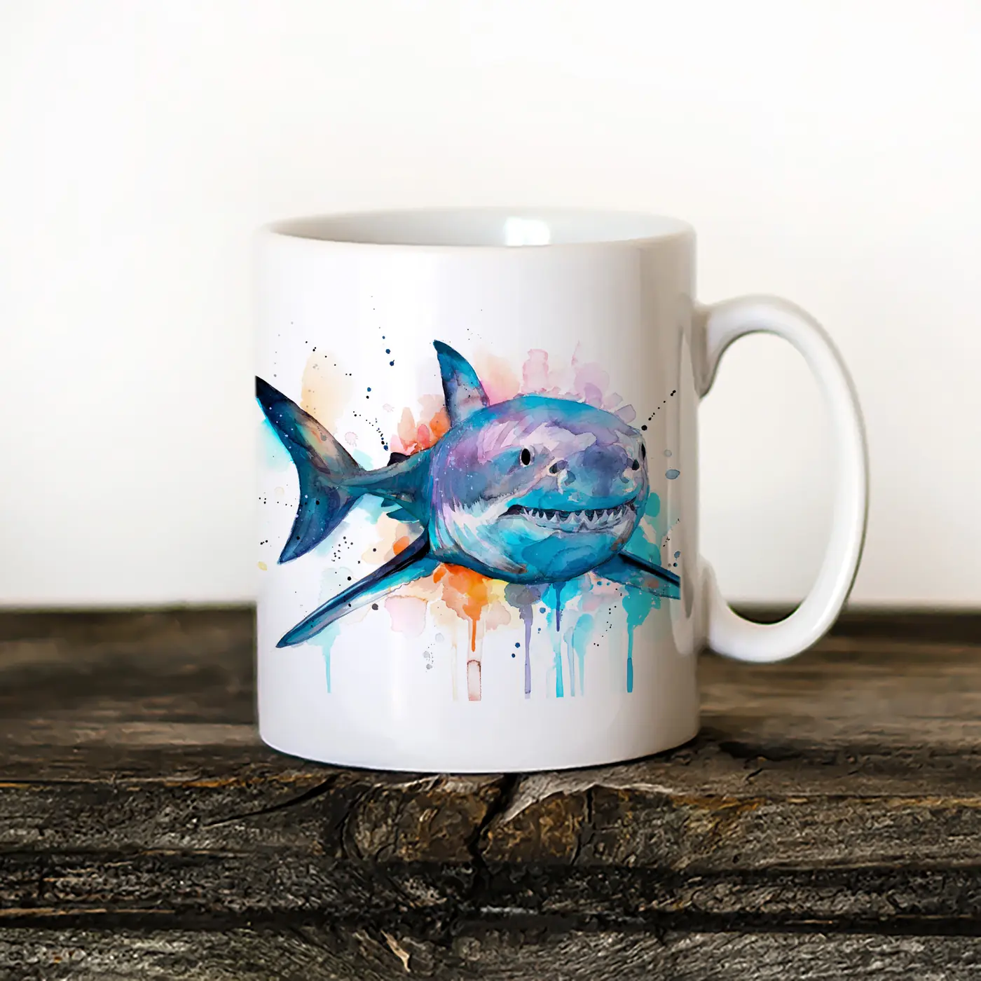Ceramic mug with a watercolour great white shark print