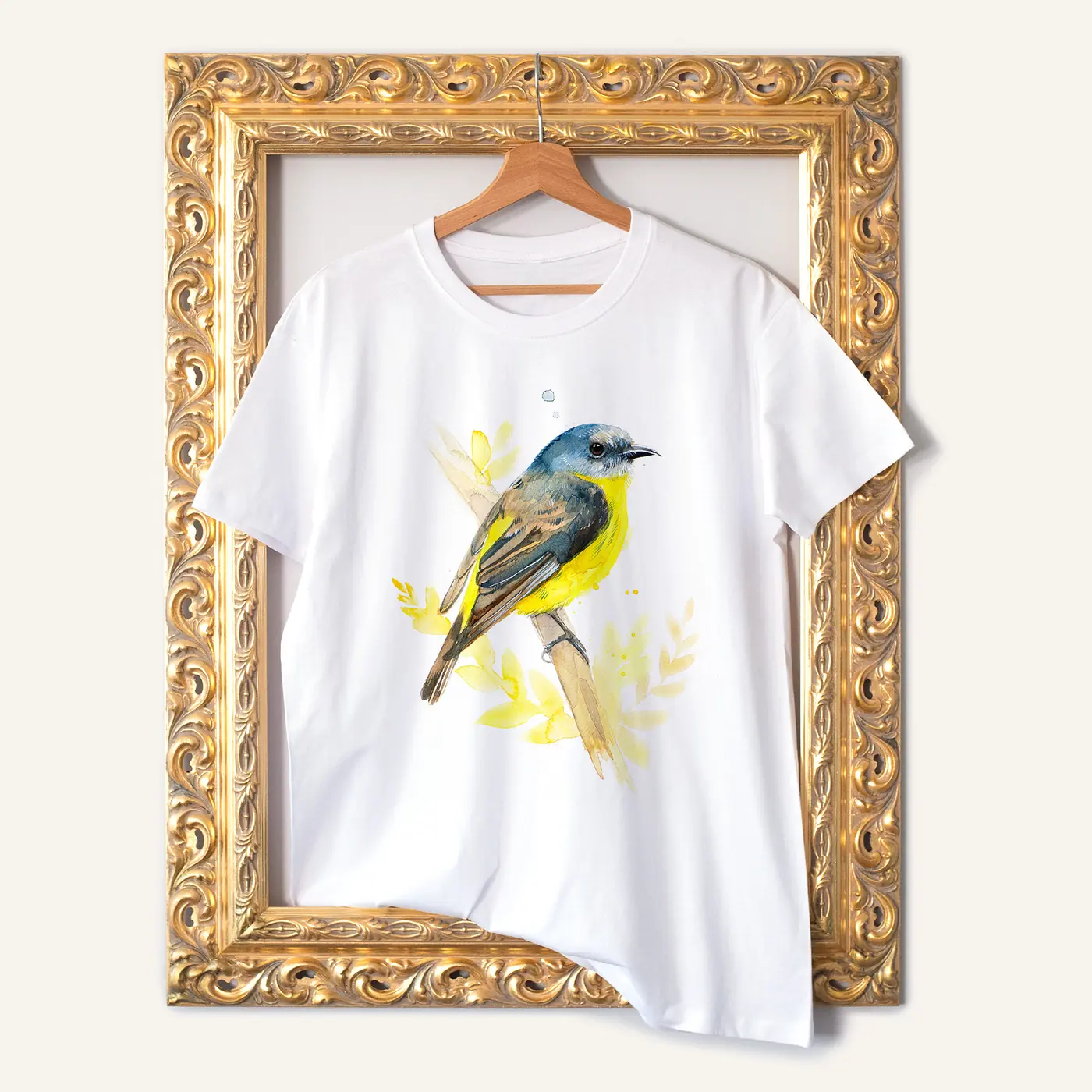 White t-shirt with a watercolour yellow flycatcher print