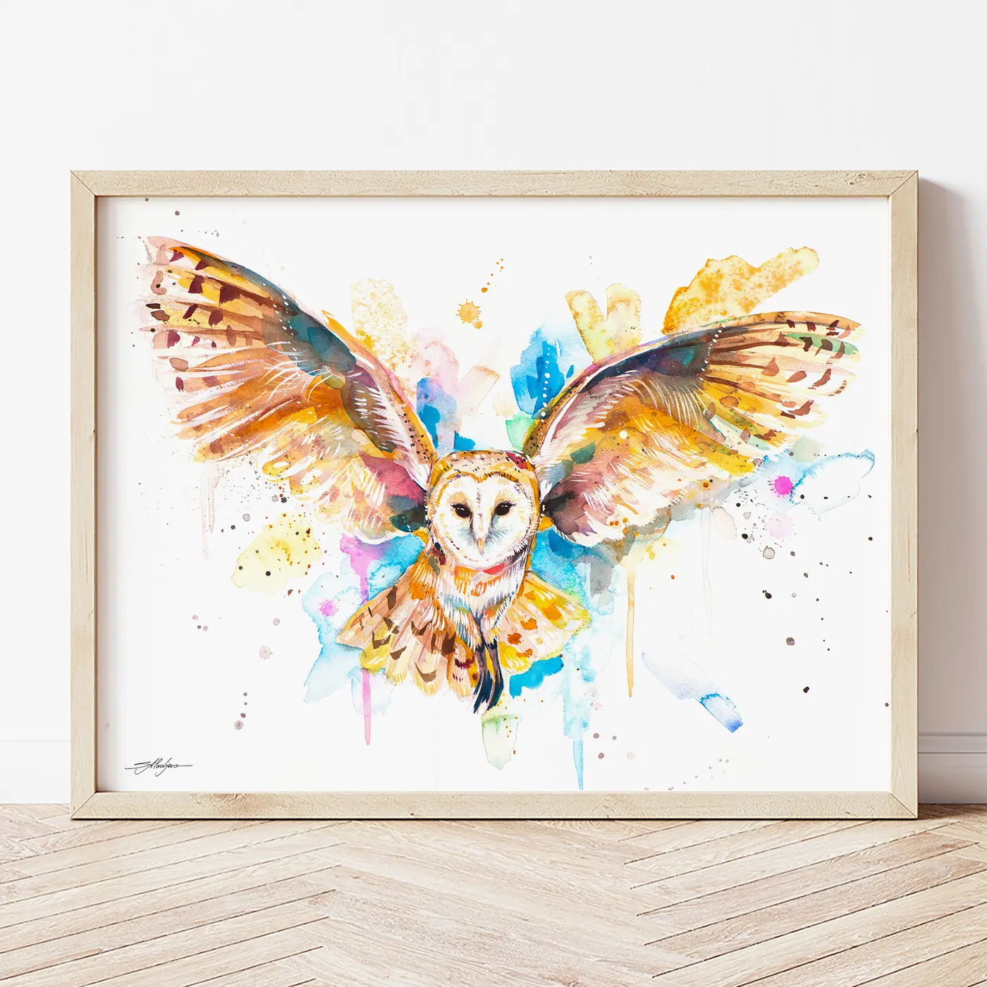 Art print with a watercolour barn owl in flight print