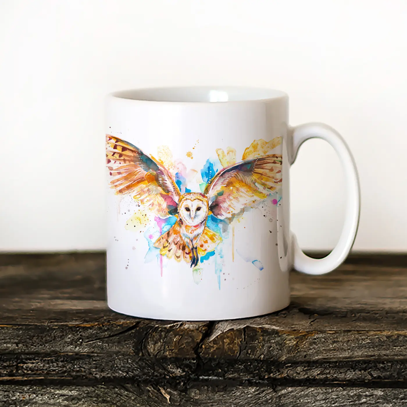 Ceramic mug with a watercolour barn owl in flight print