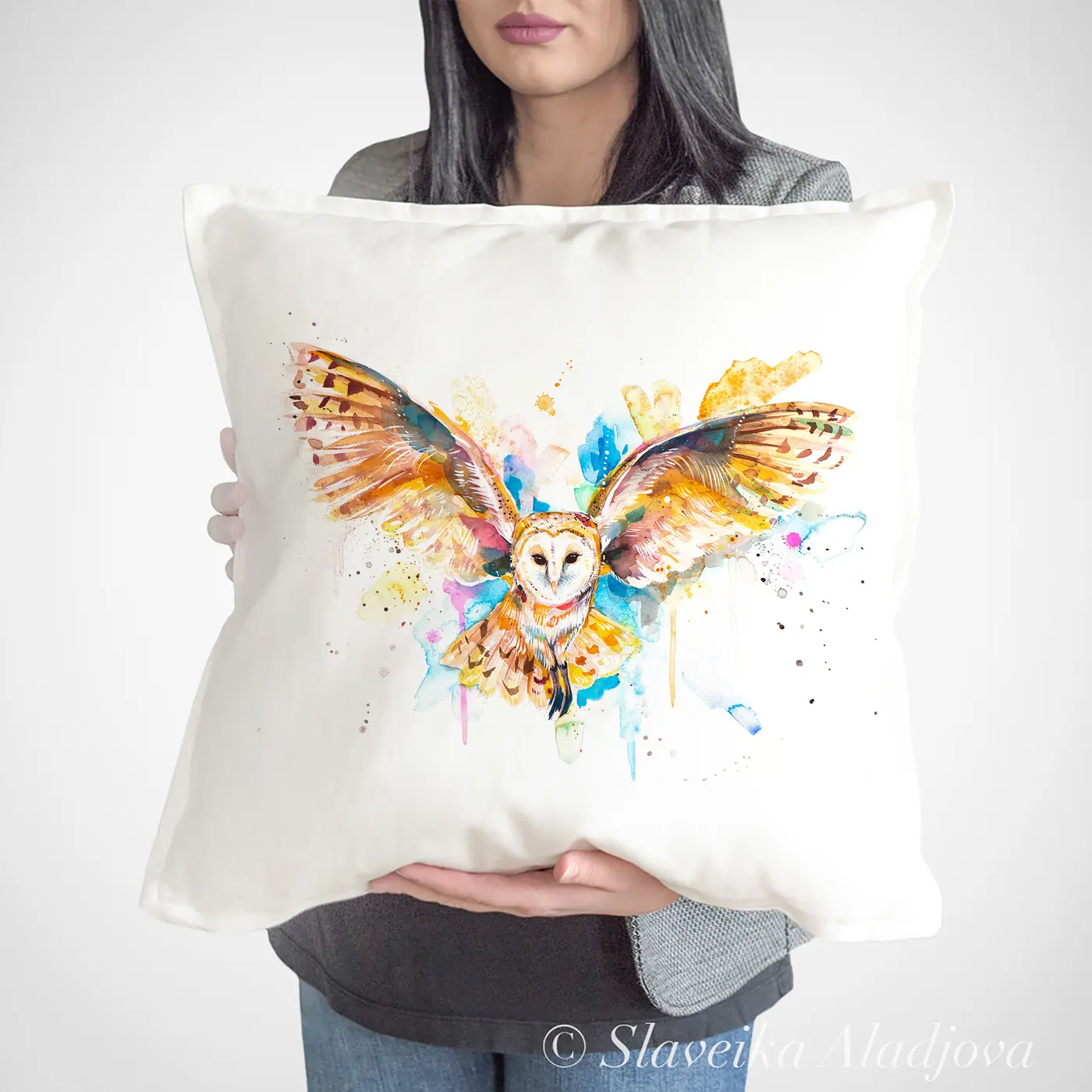 Cushion with a watercolour barn owl in flight print
