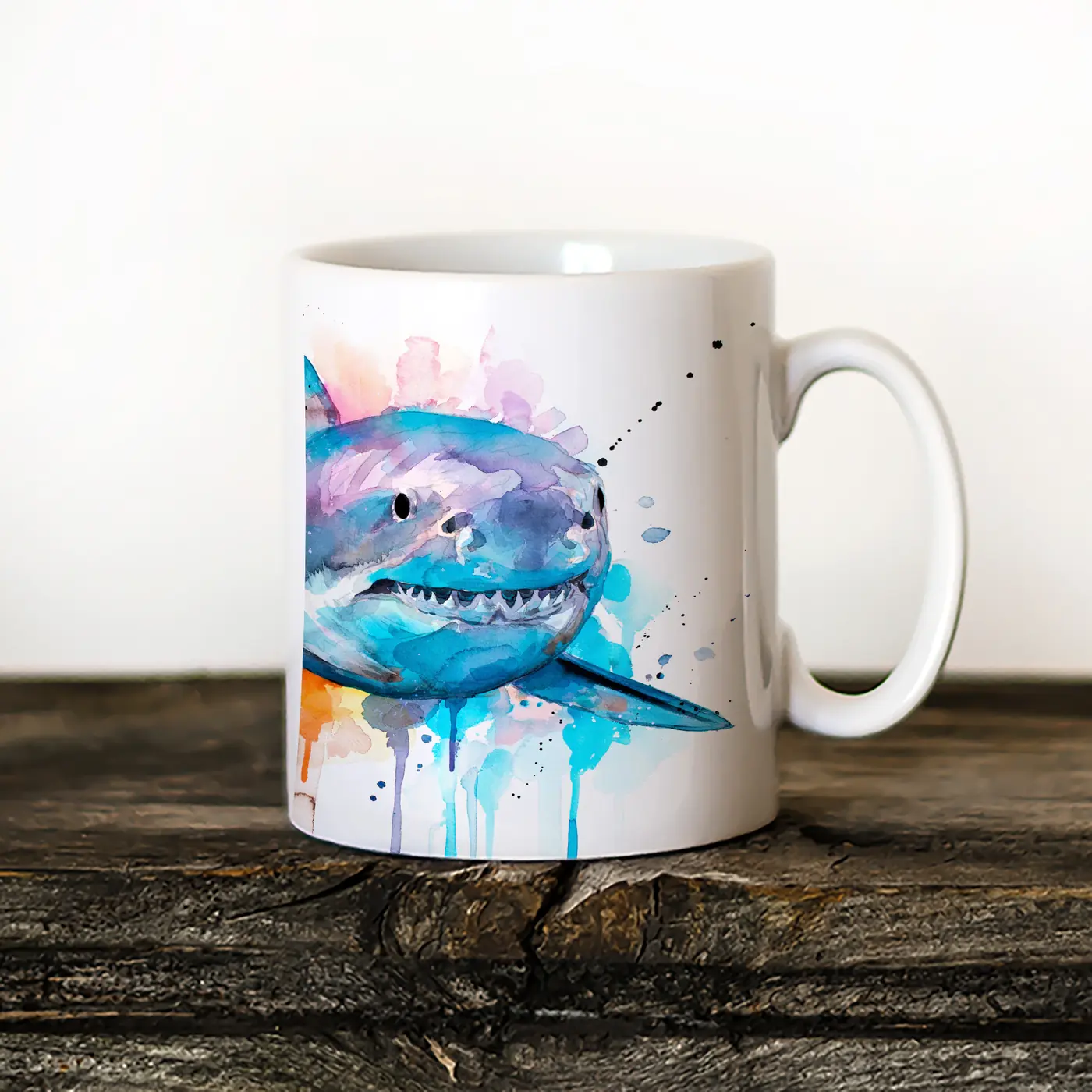 Ceramic mug with a watercolour great white shark print