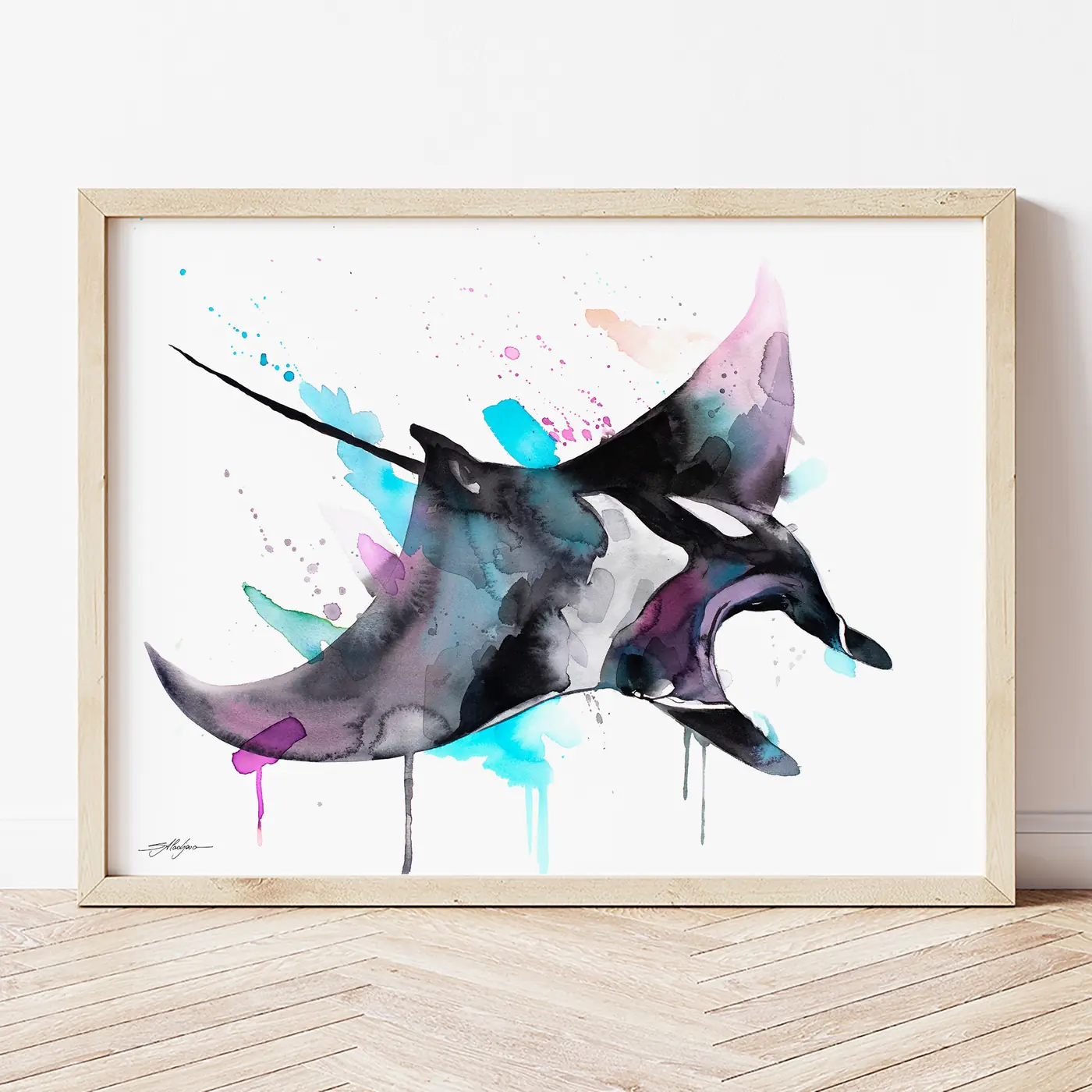 Art print with a watercolour manta ray print