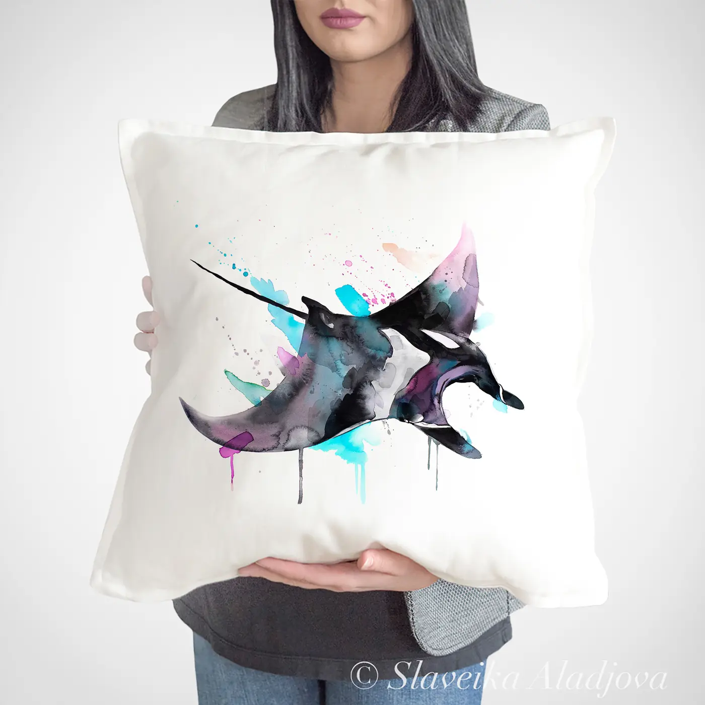 Cushion with a watercolour manta ray print