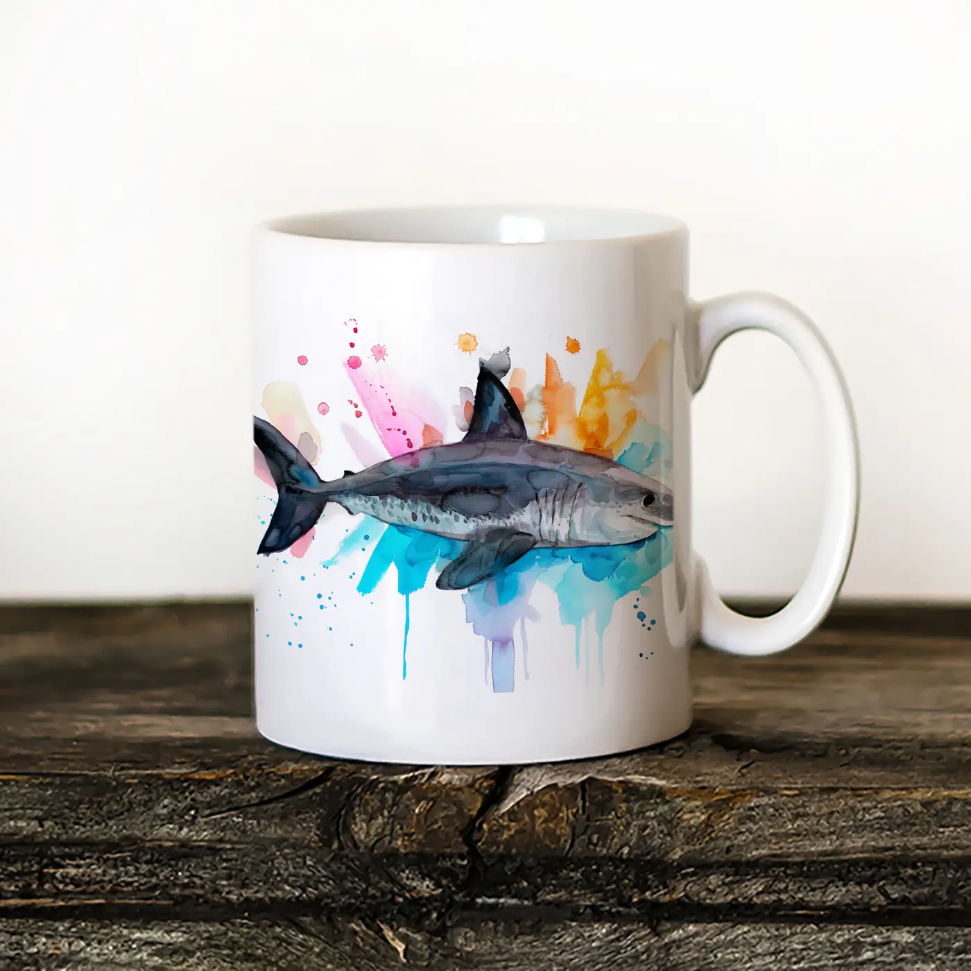Ceramic mug with a watercolour salmon shark print
