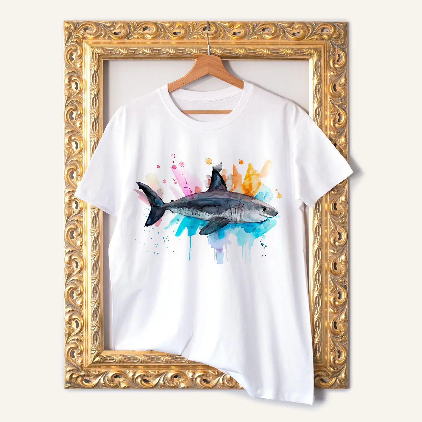 White t-shirt with a watercolour salmon shark print
