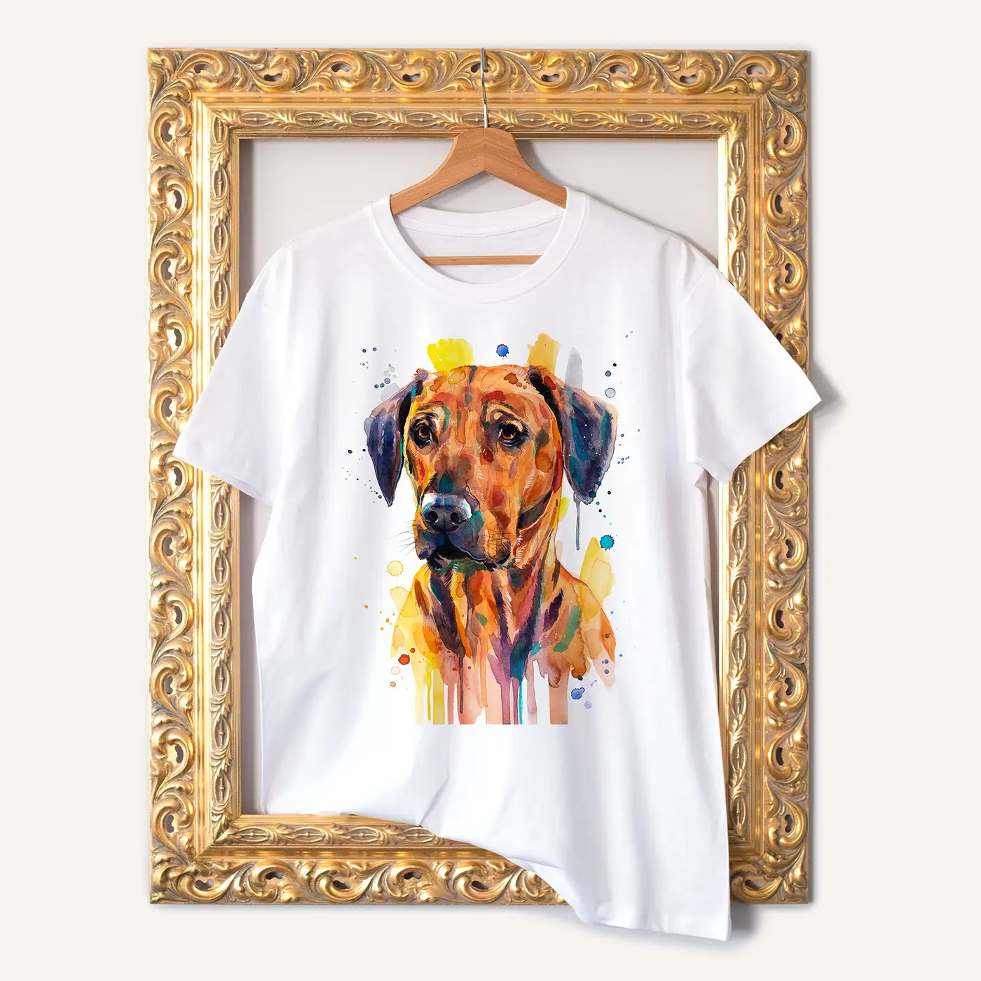 White t-shirt with a watercolour rhodesian ridgeback print