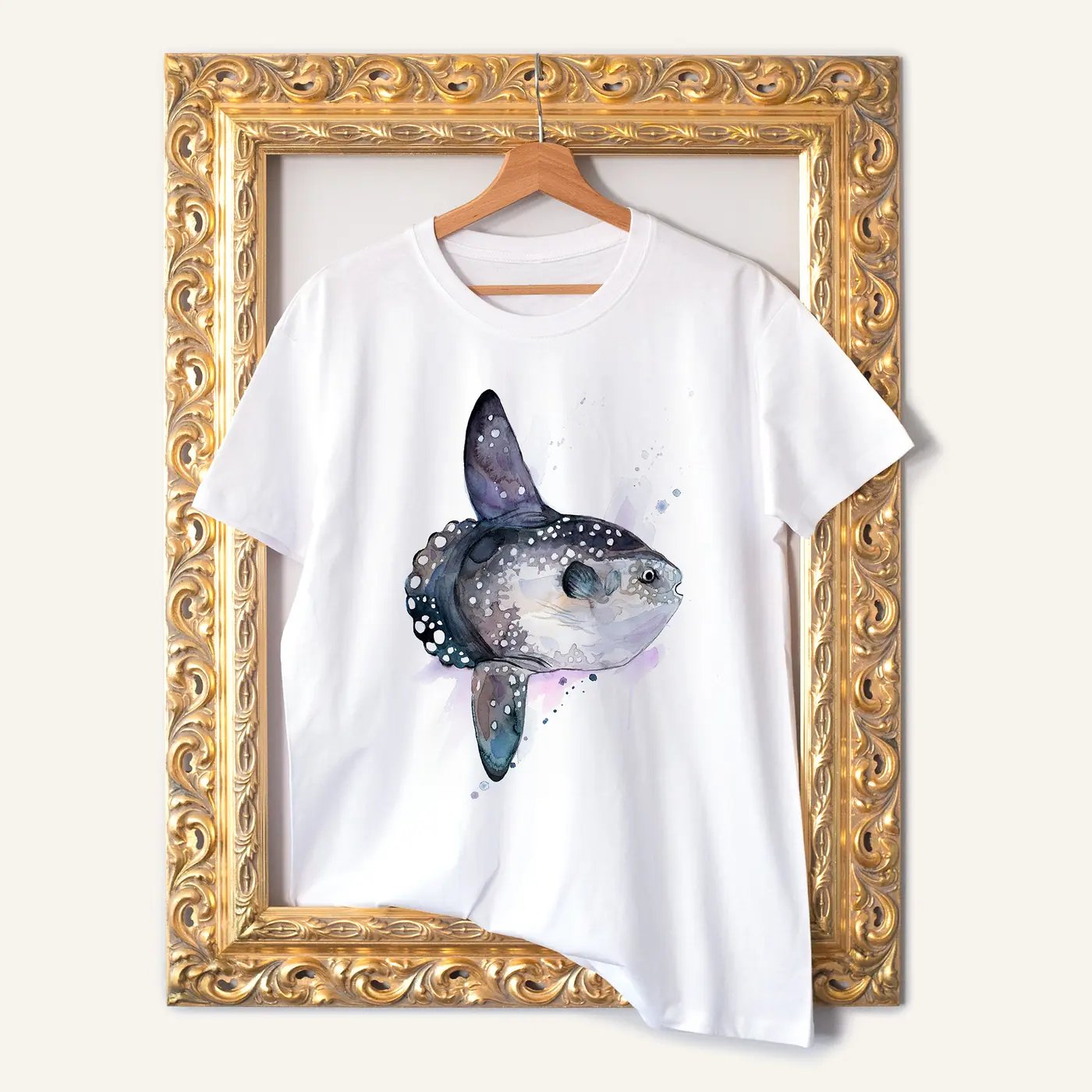 White t-shirt with a watercolour ocean sunfish print