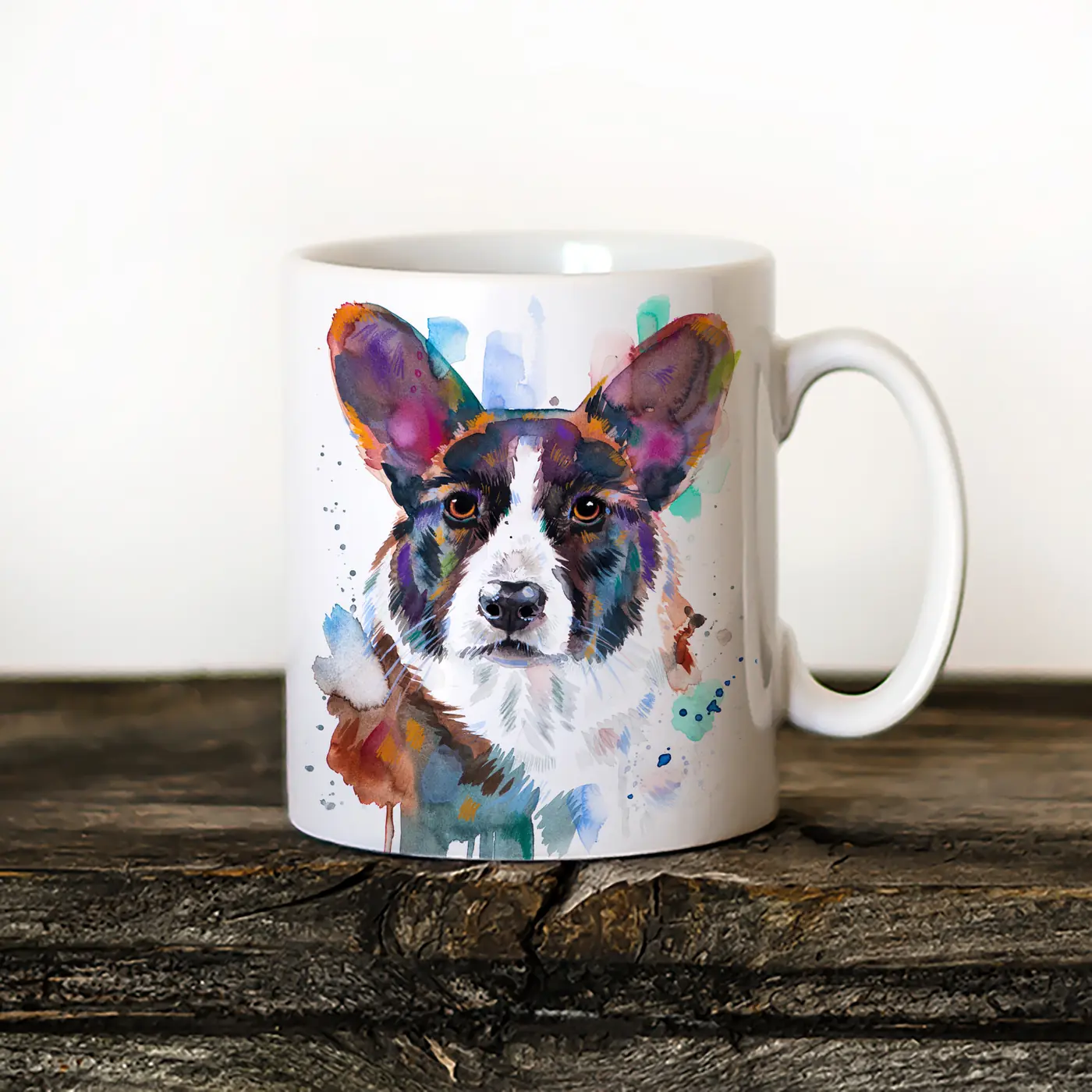Ceramic mug with a watercolour corgi print