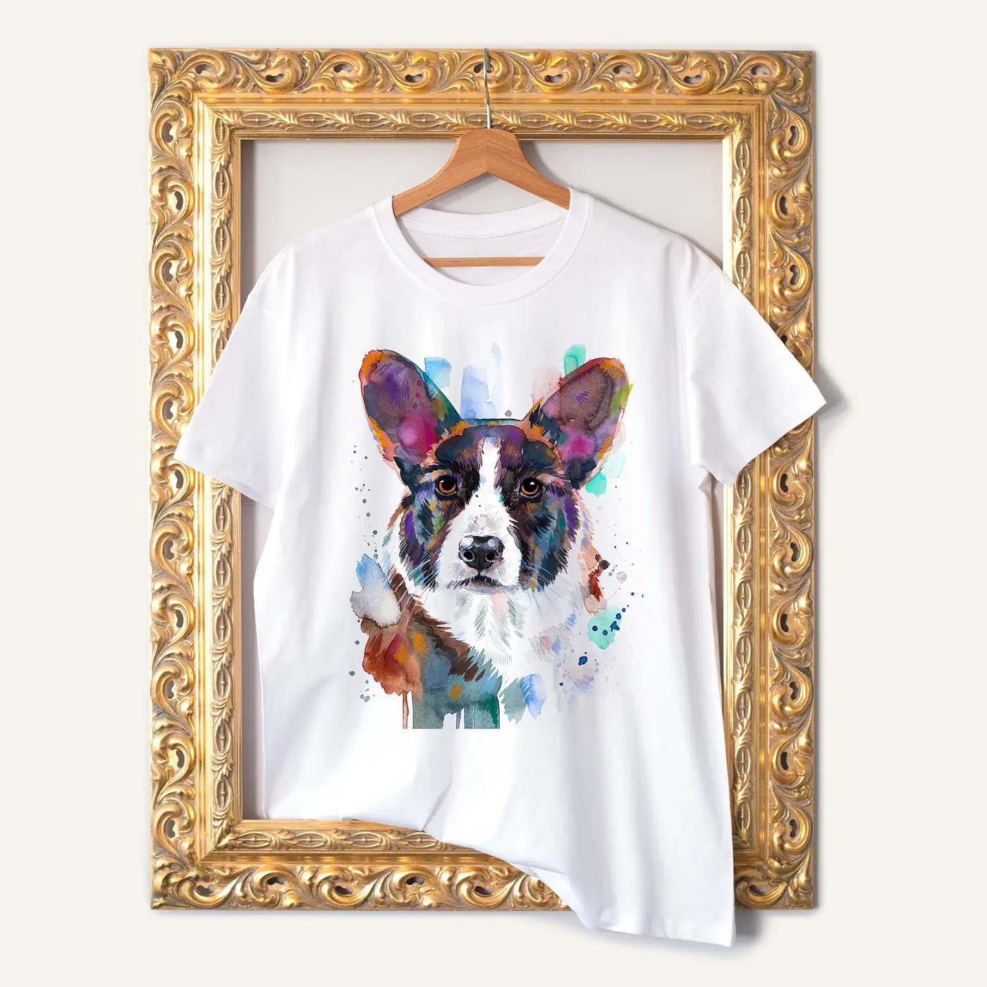 White t-shirt with a watercolour corgi print