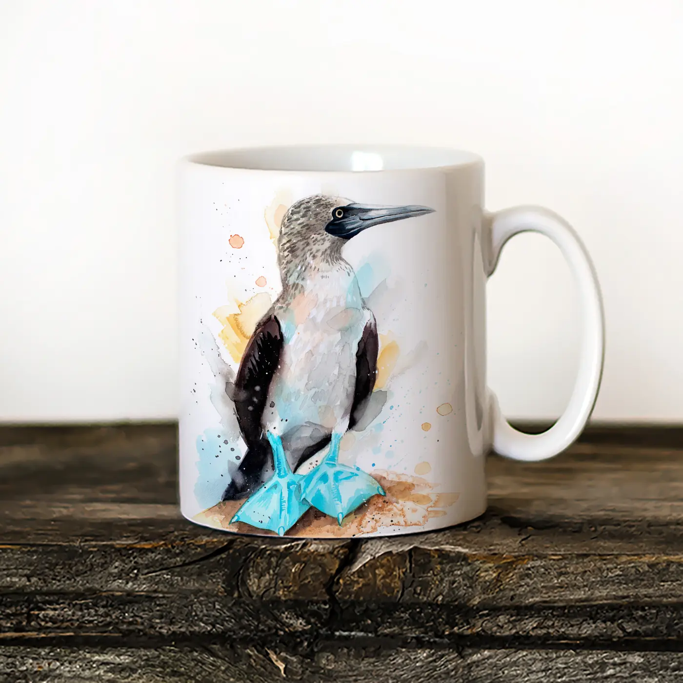 Ceramic mug with a watercolour blue-footed booby print