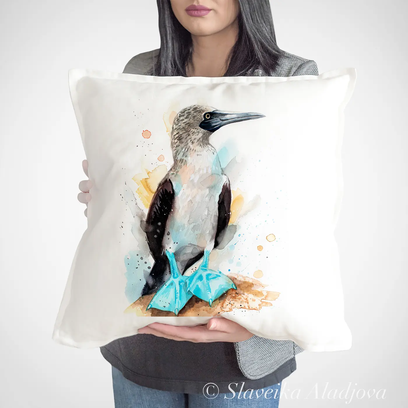 Cushion with a watercolour blue-footed booby print