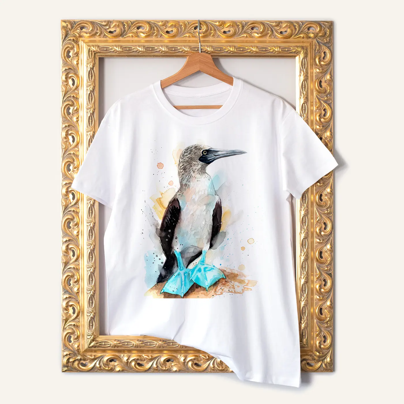 White t-shirt with a watercolour blue-footed booby print