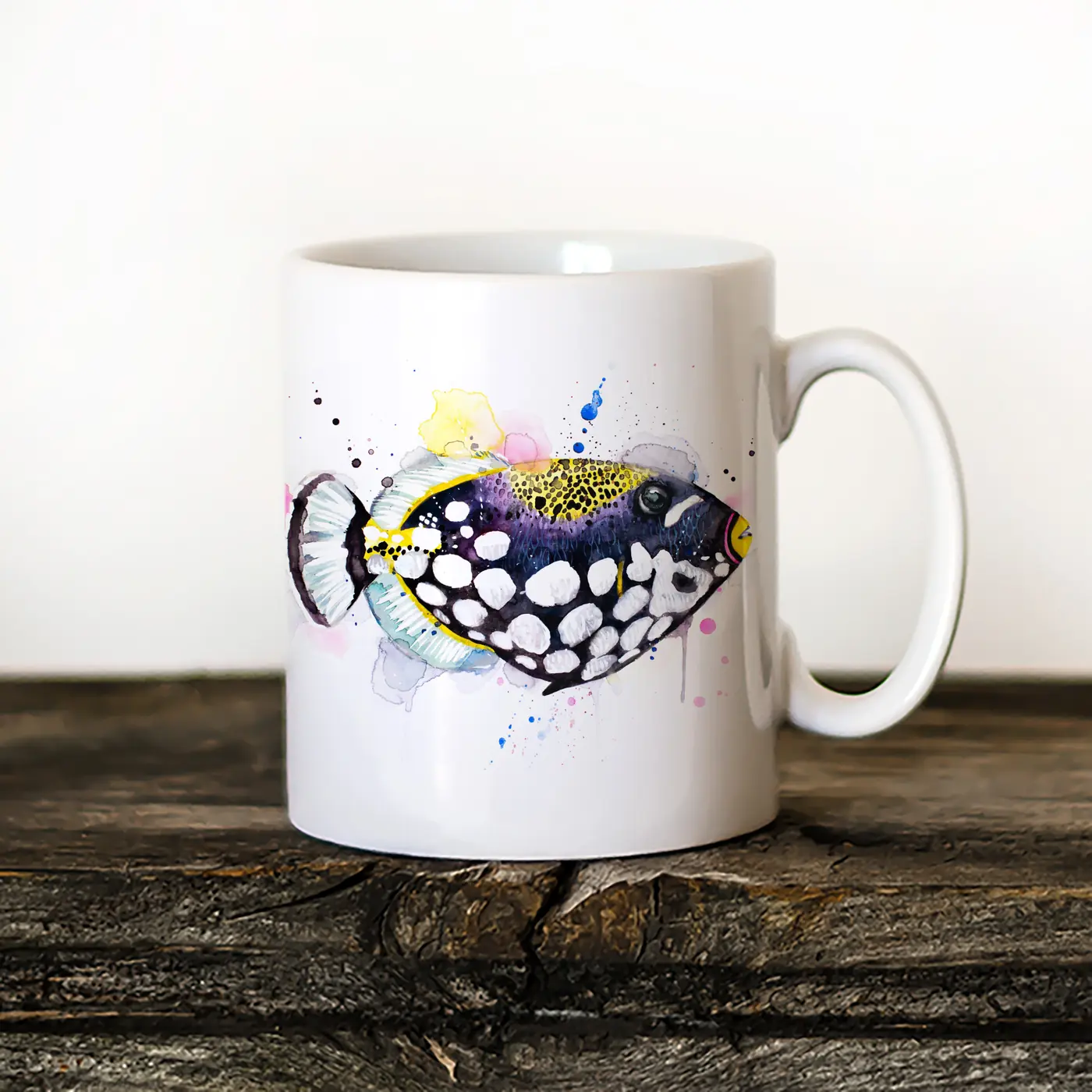 Ceramic mug with a watercolour clown triggerfish print