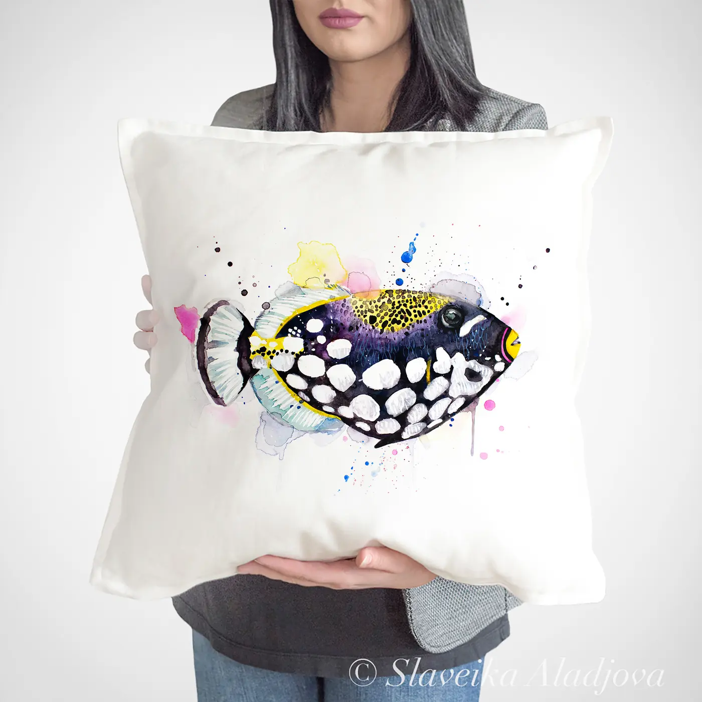 Cushion with a watercolour clown triggerfish print