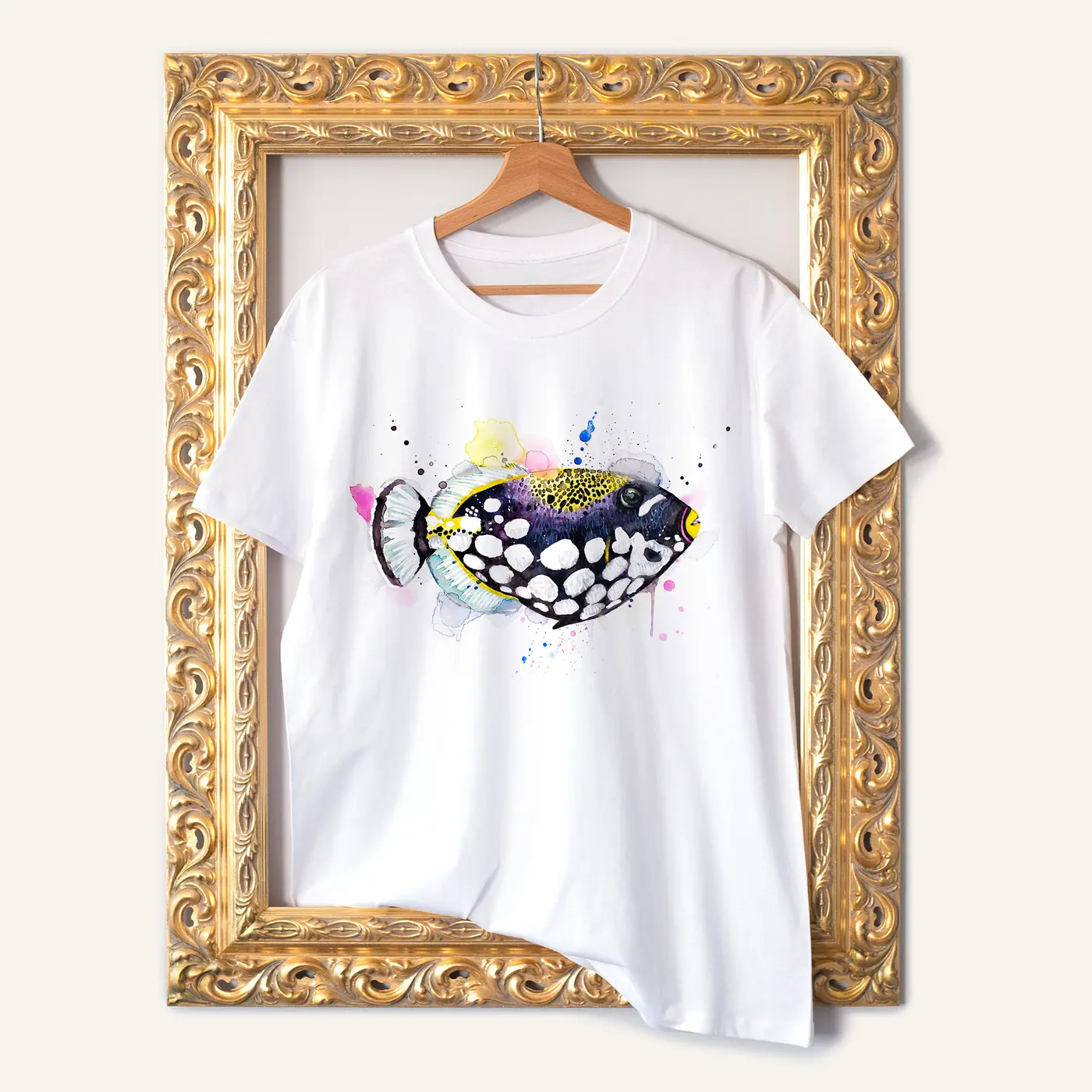 White t-shirt with a watercolour clown triggerfish print