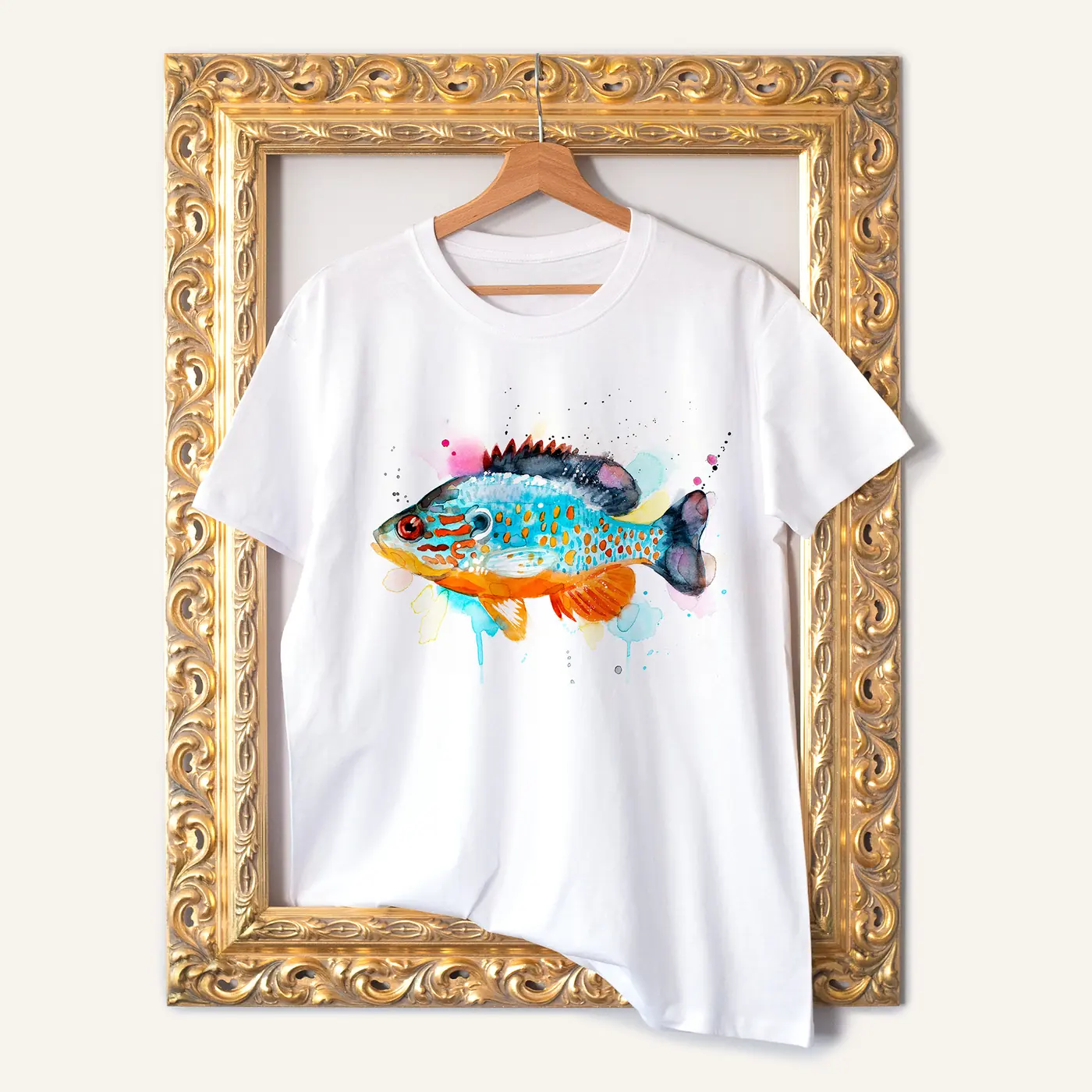 White t-shirt with a watercolour sunfish print