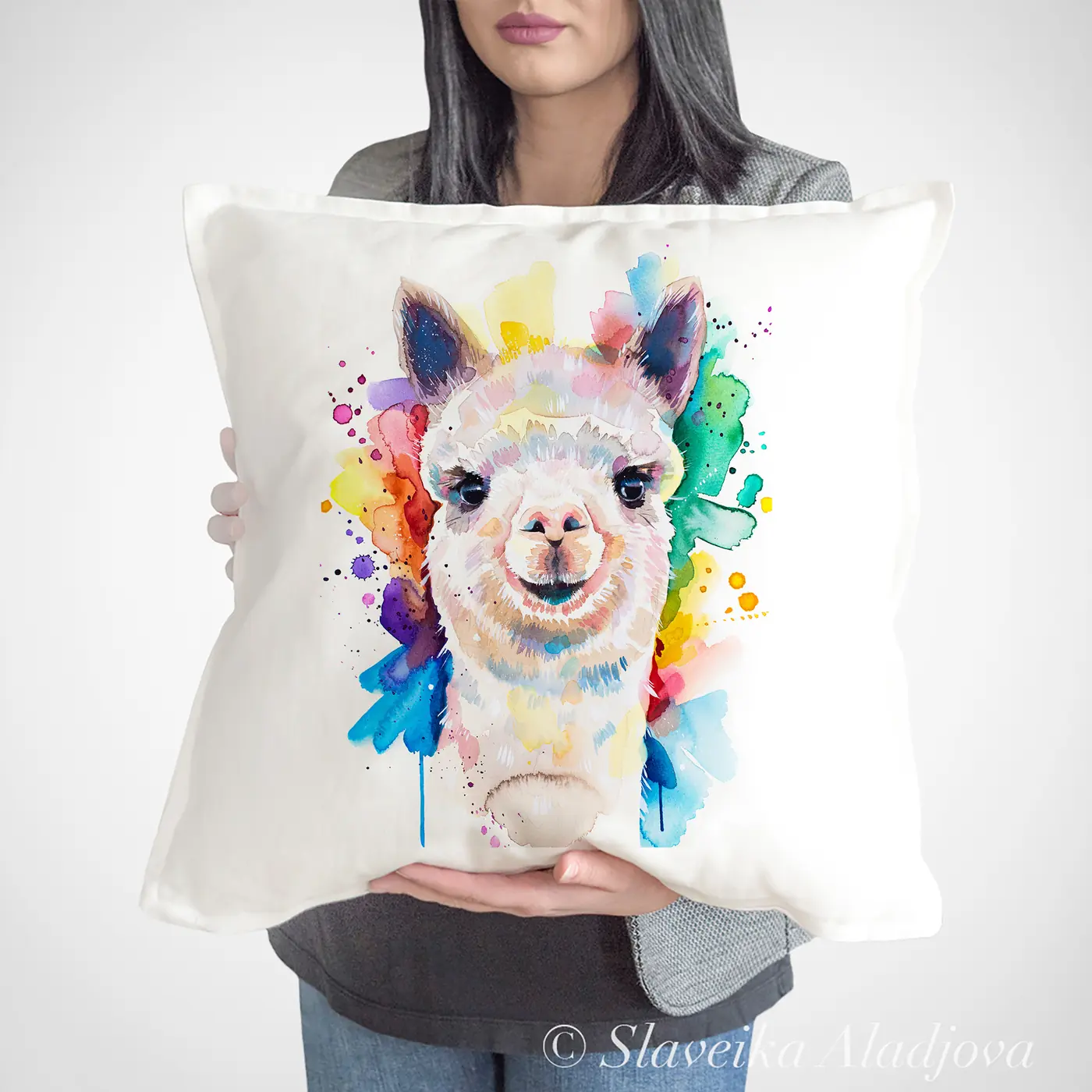Cushion with a watercolour alpaca print