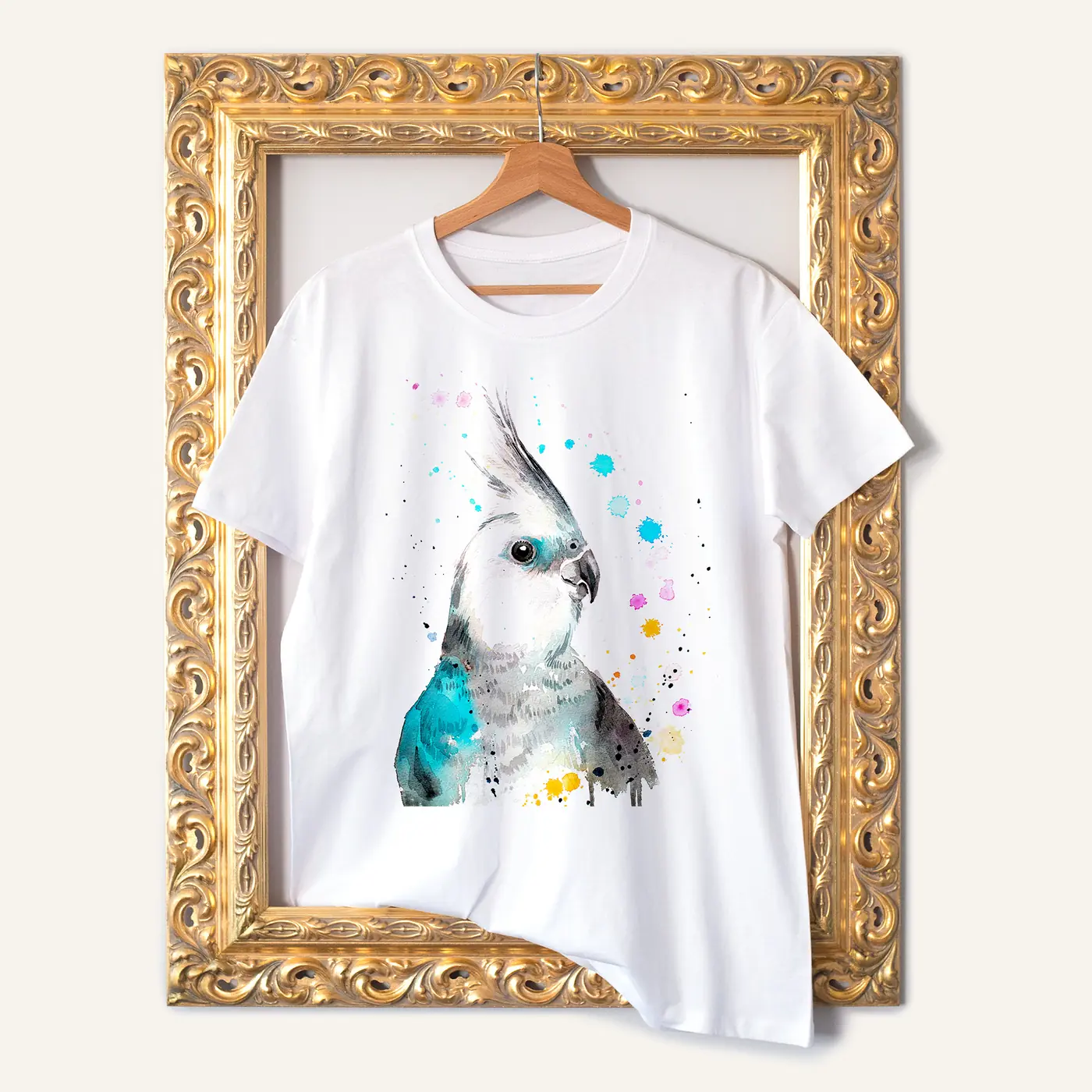 White t-shirt with a watercolour cockatiel print