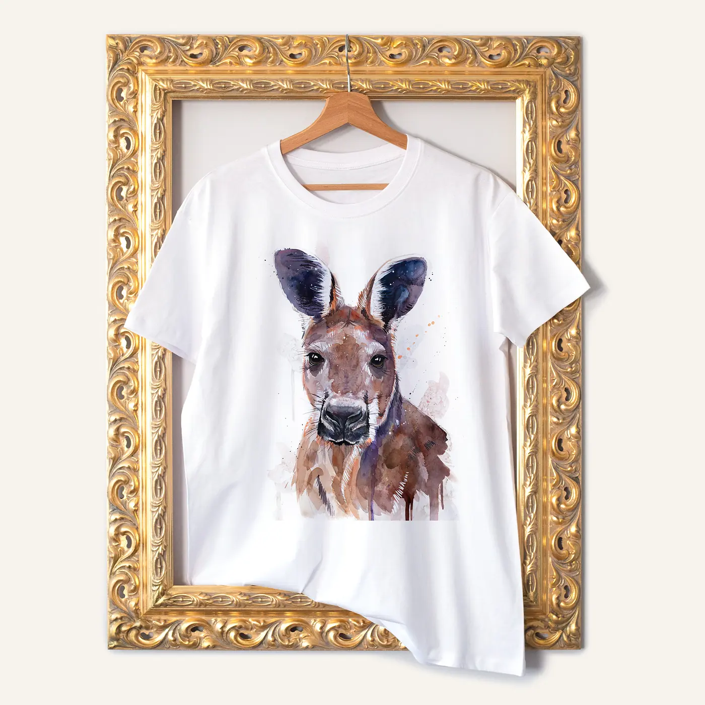 White t-shirt with a watercolour red kangaroo print