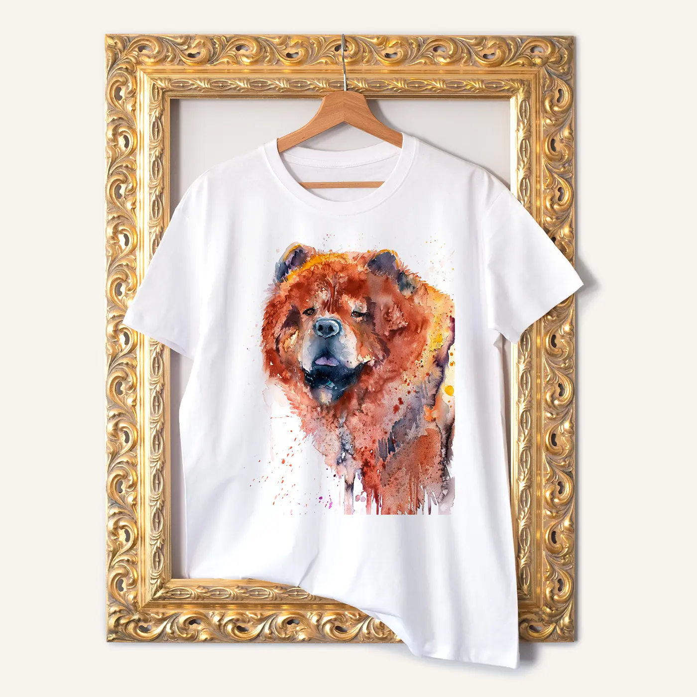 White t-shirt with a watercolour chow chow print