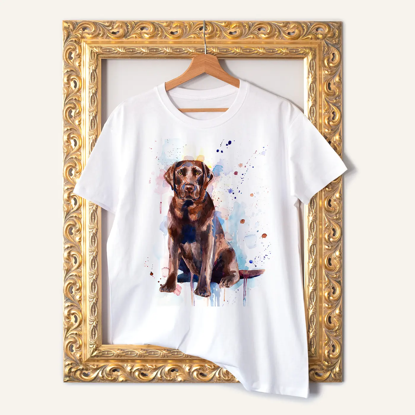 White t-shirt with a watercolour chocolate labrador print