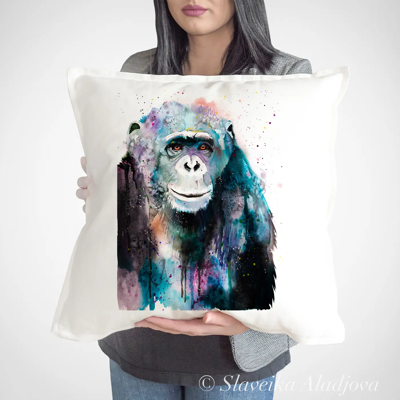 Cushion with a watercolour thoughtful chimp print