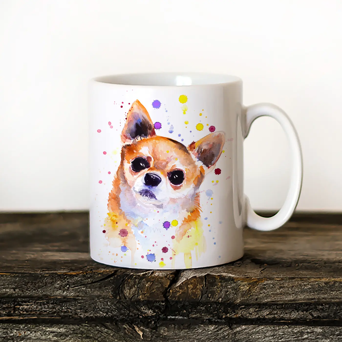 Ceramic mug with a watercolour chihuahua print