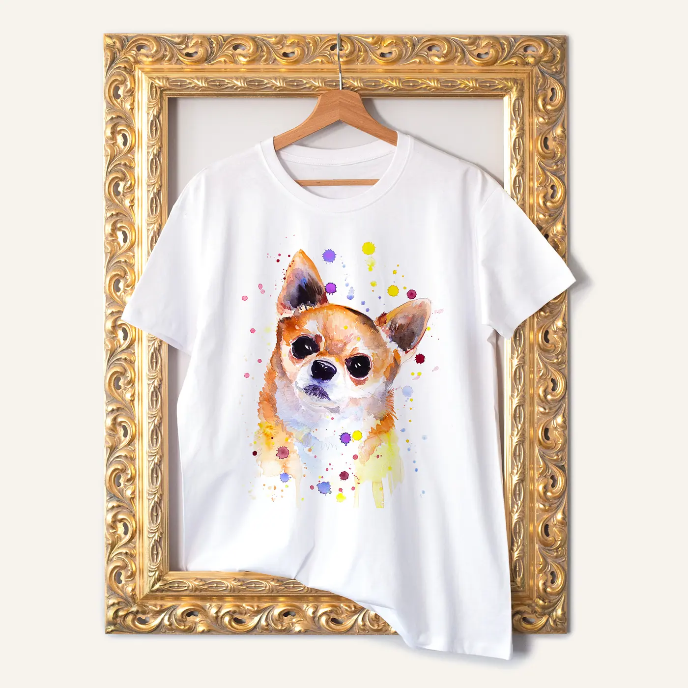 White t-shirt with a watercolour chihuahua print
