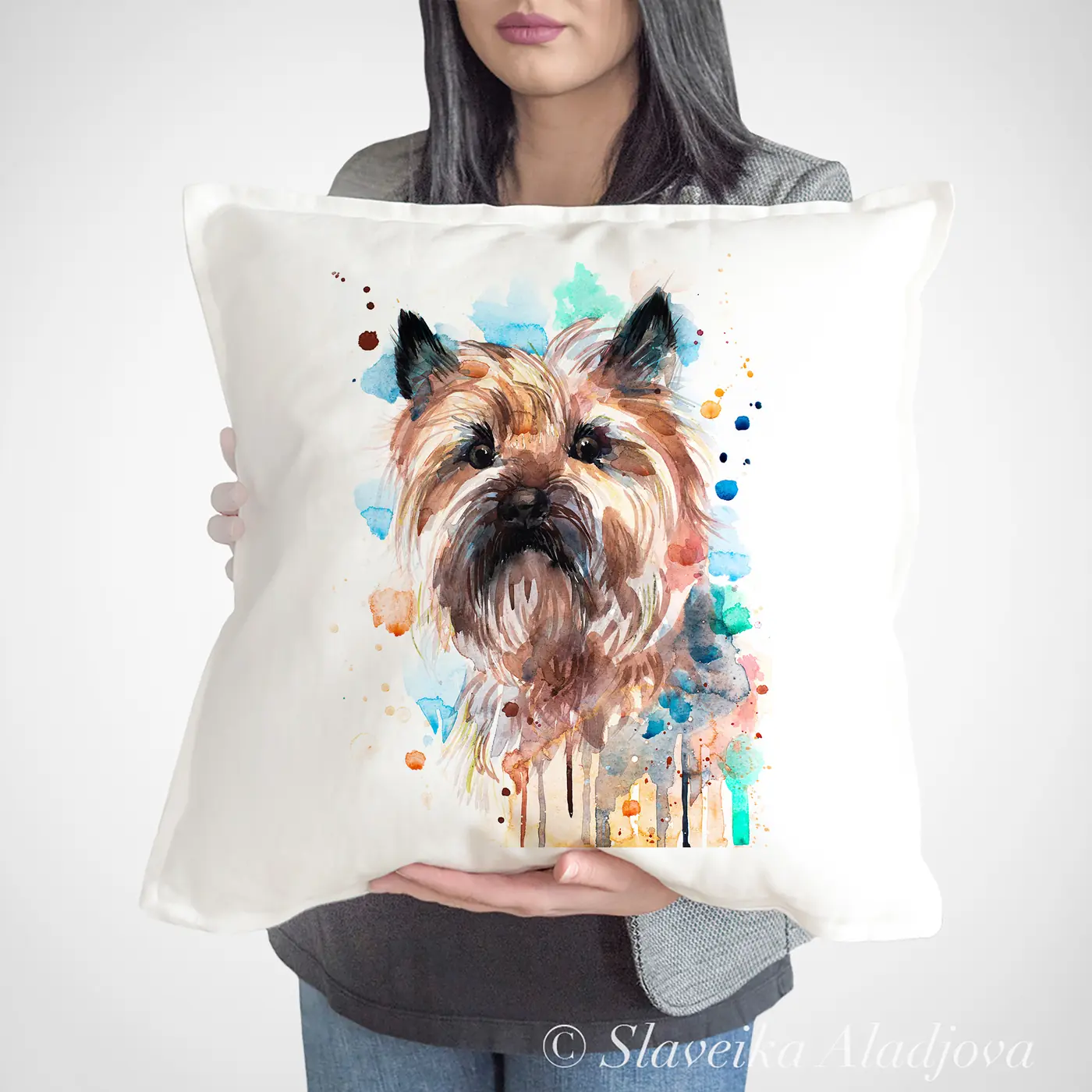 Cushion with a watercolour cairn terrier print
