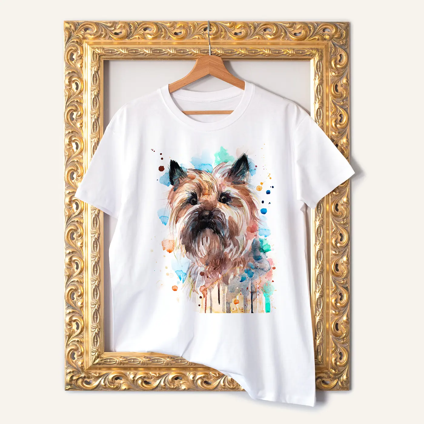 White t-shirt with a watercolour cairn terrier print