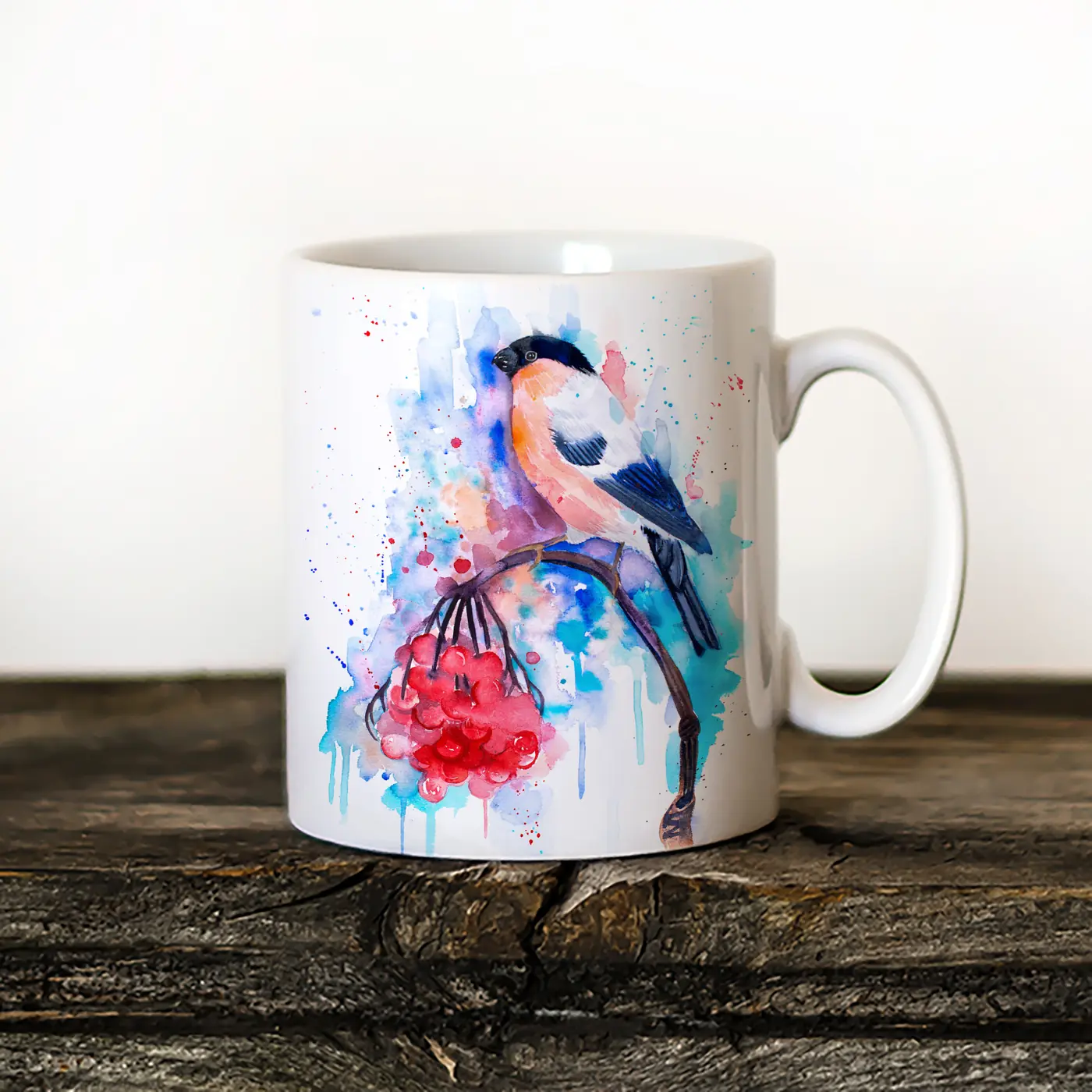 Ceramic mug with a watercolour bullfinch print