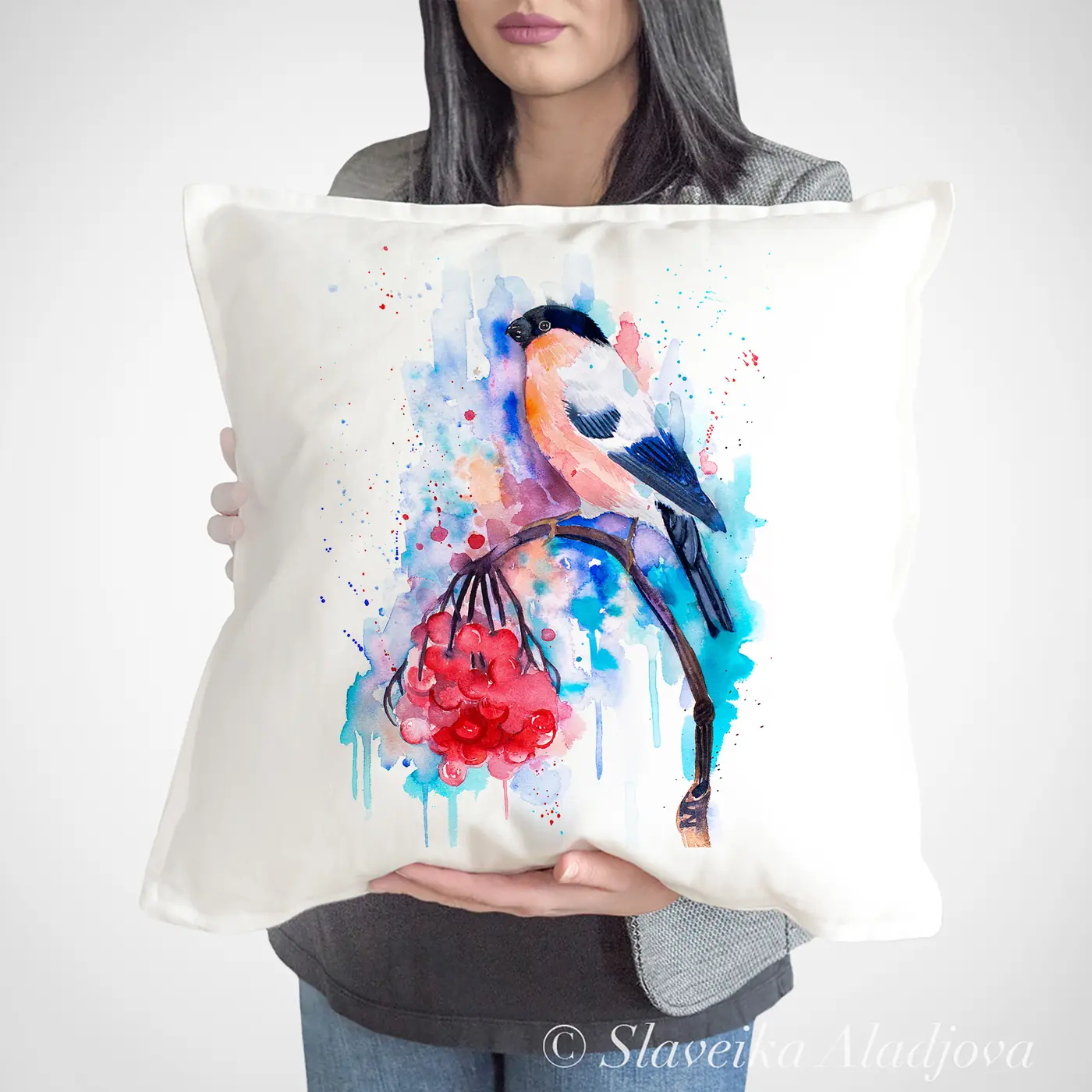 Cushion with a watercolour bullfinch print