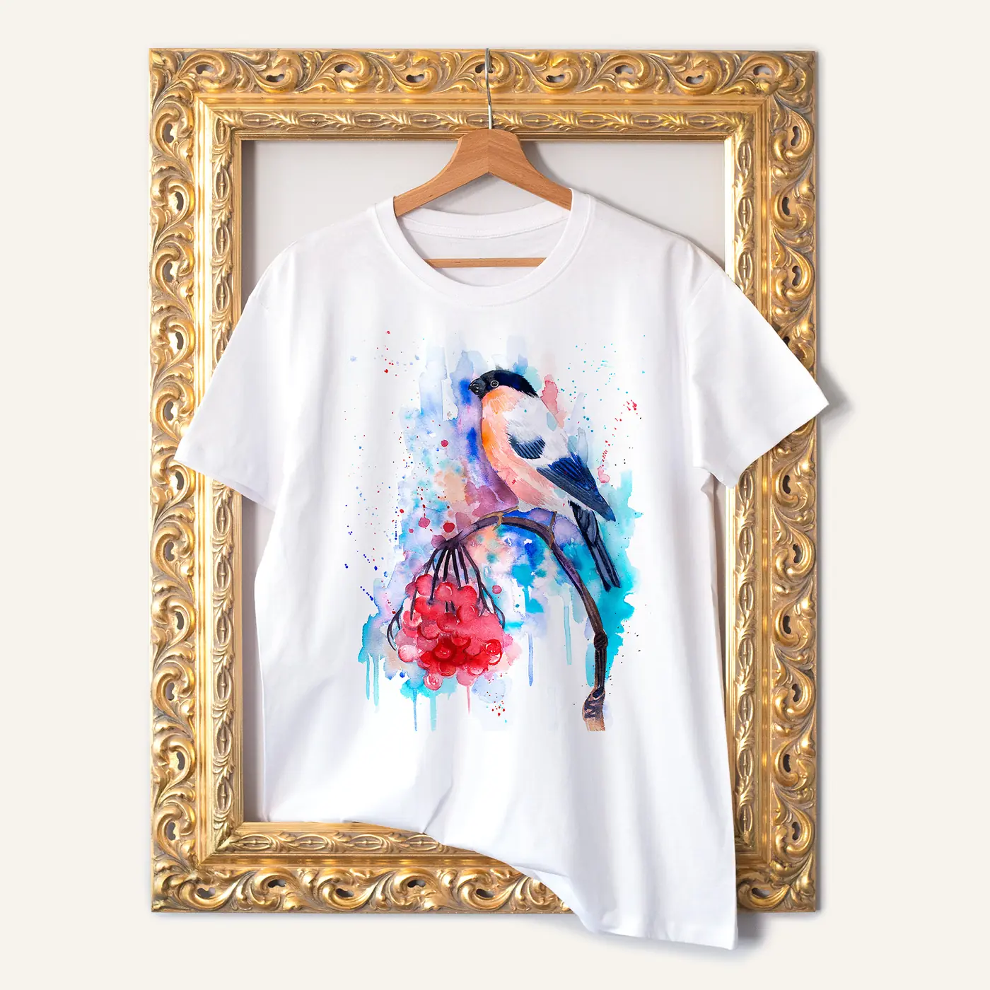 White t-shirt with a watercolour bullfinch print