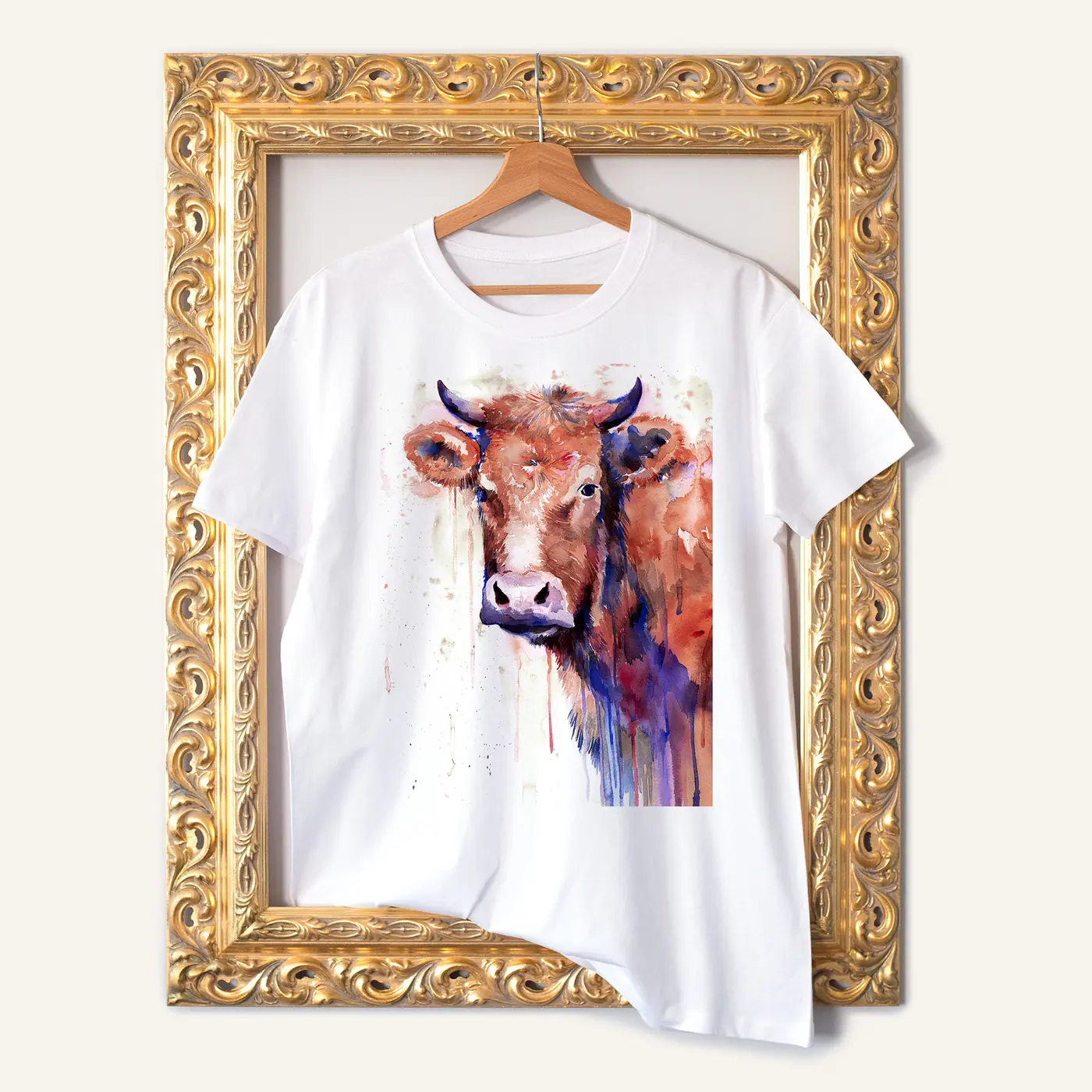 White t-shirt with a watercolour cows print