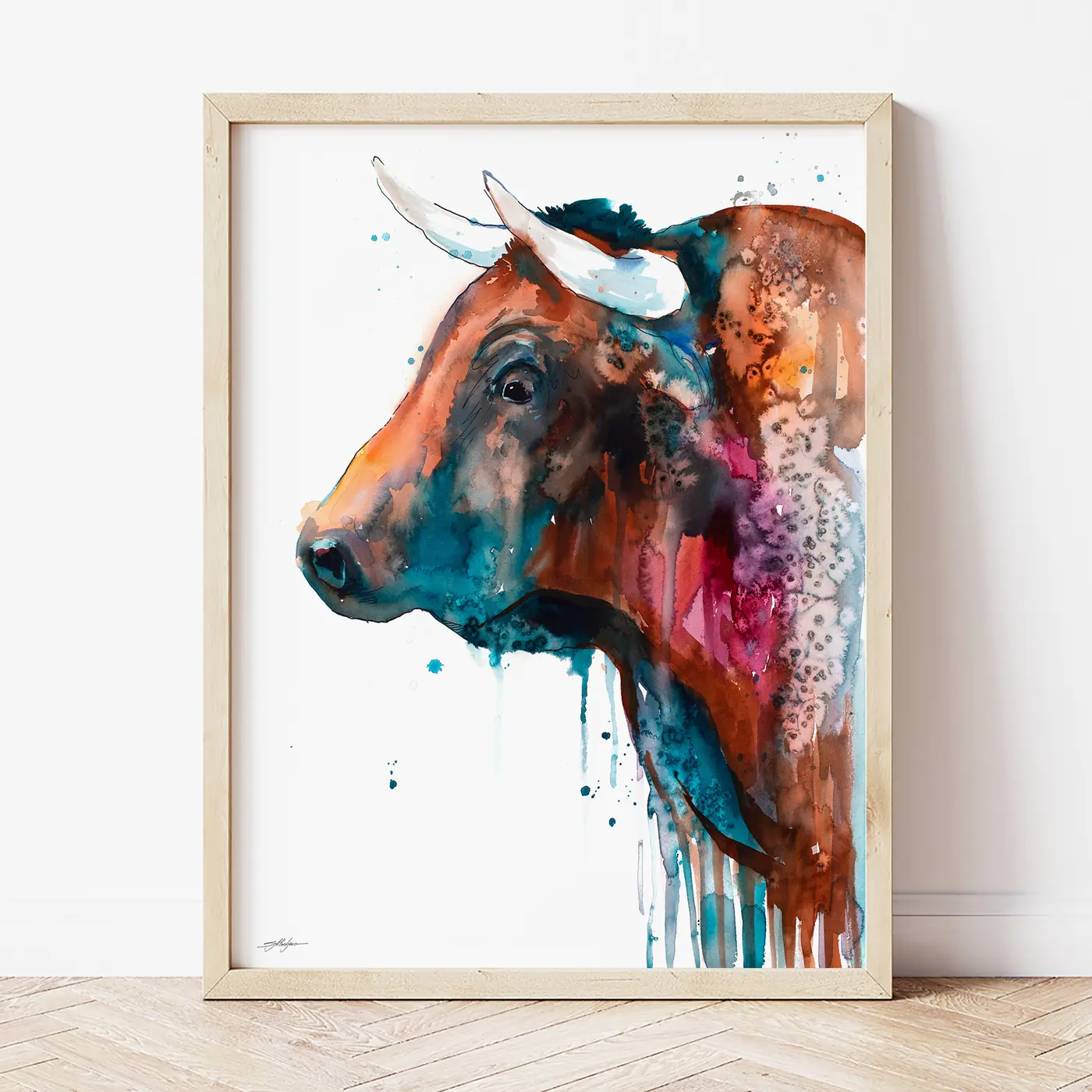 Art print with a watercolour bull print