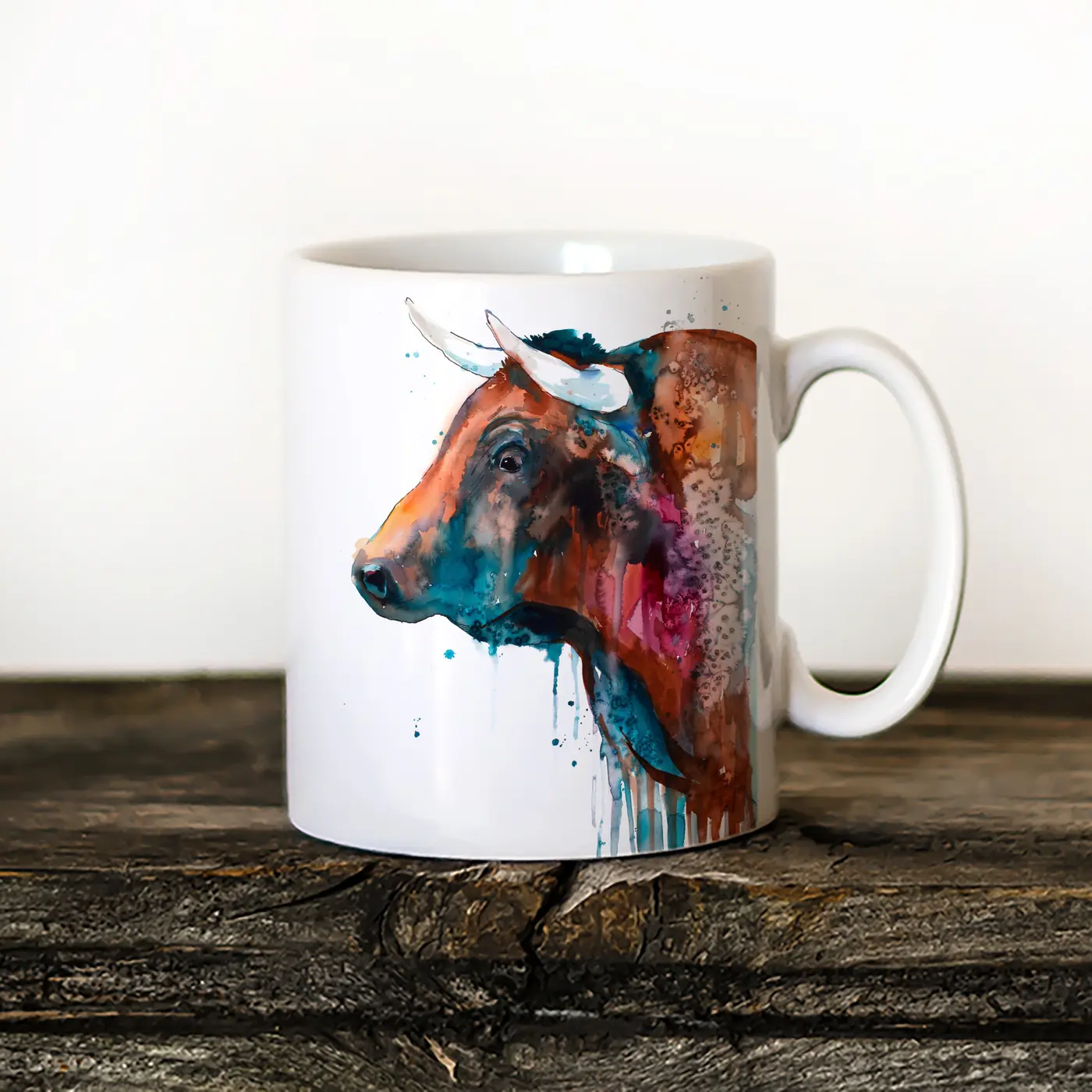 Ceramic mug with a watercolour bull print