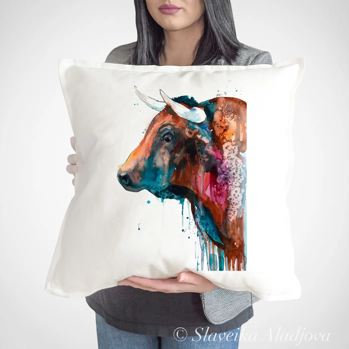 Cushion with a watercolour bull print