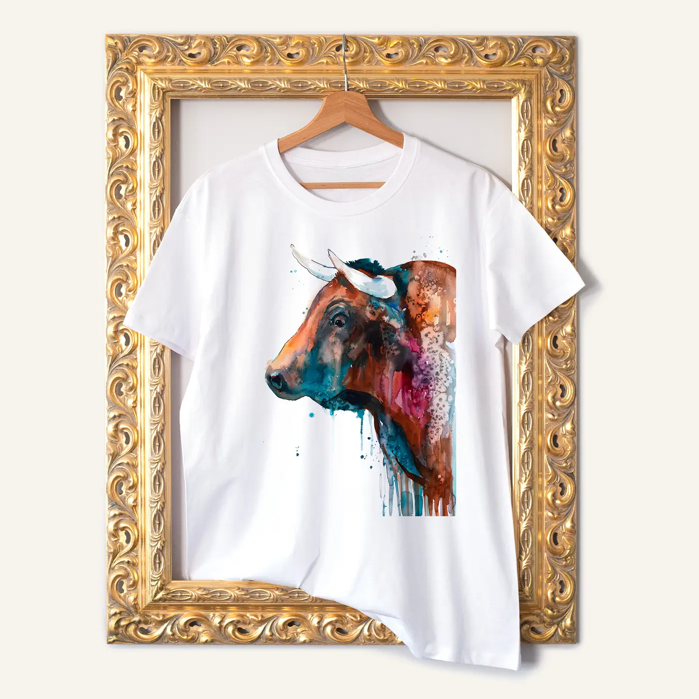 White t-shirt with a watercolour bull print
