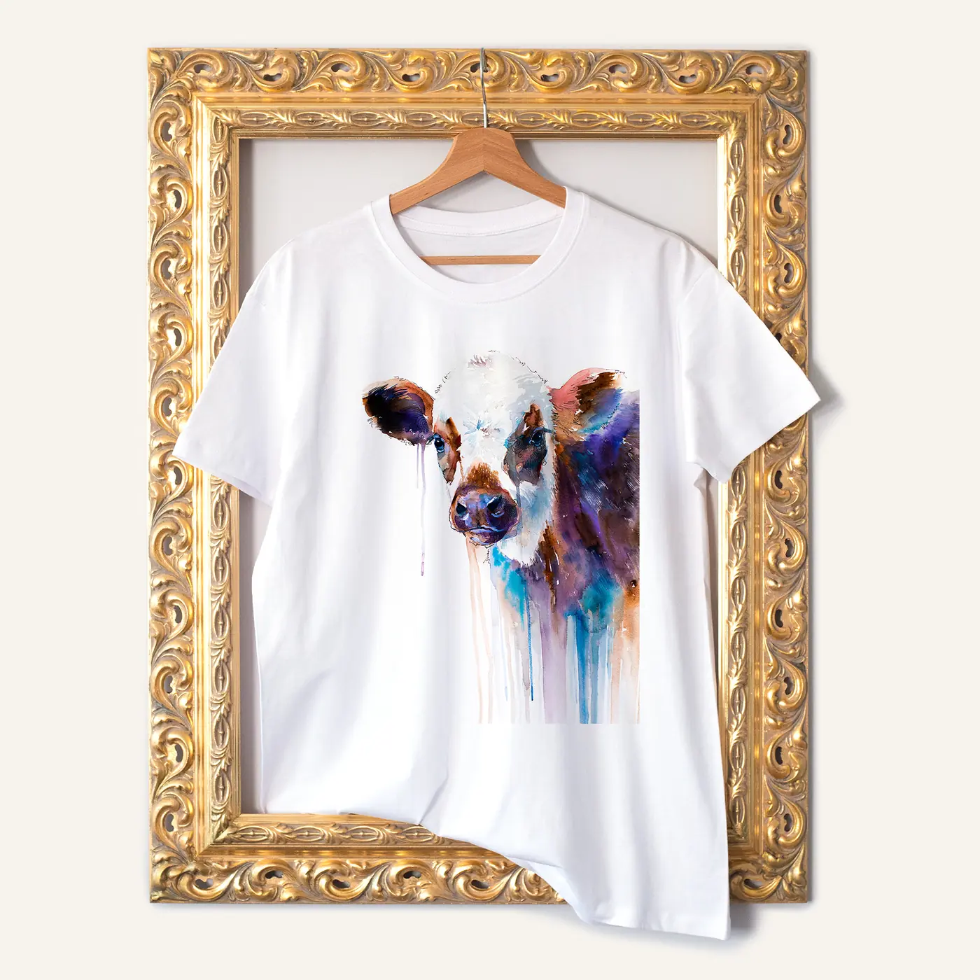 White t-shirt with a watercolour cow print