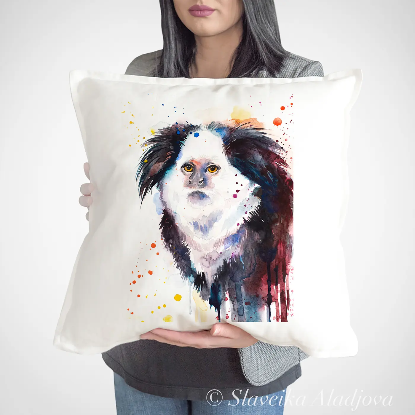 Cushion with a watercolour marmoset print