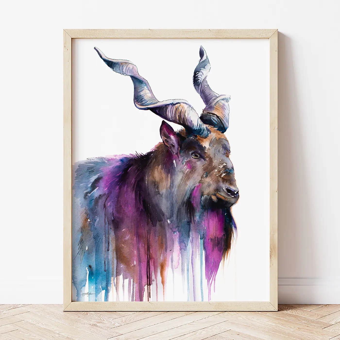 Art print with a watercolour markhor wild goat print