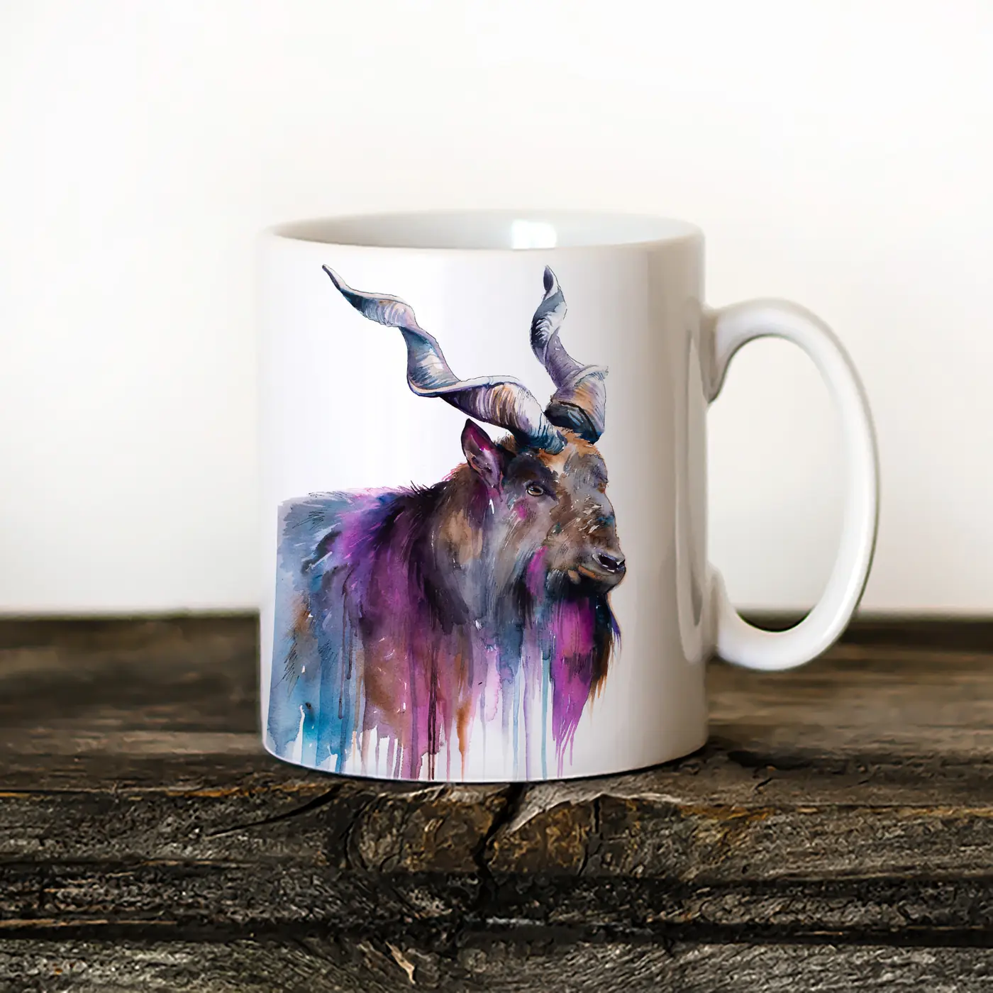 Ceramic mug with a watercolour markhor wild goat print