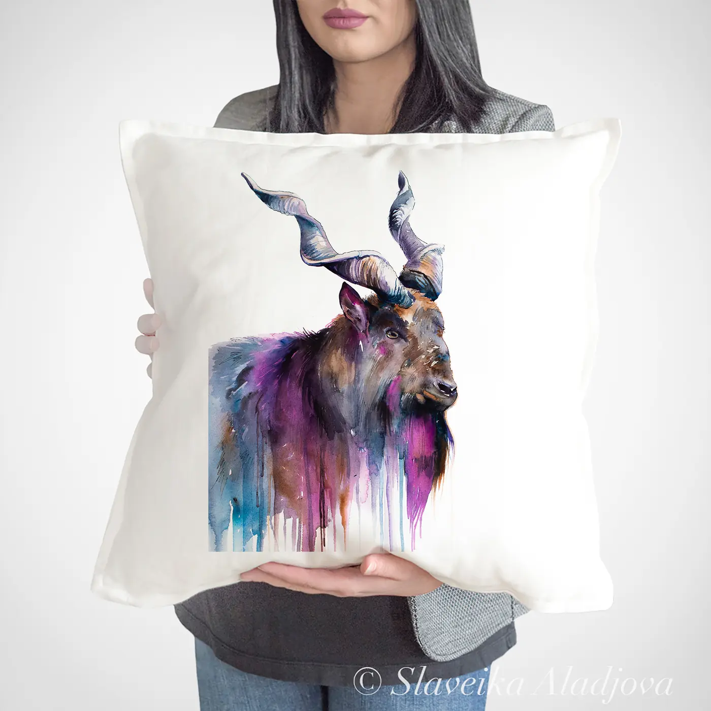 Cushion with a watercolour markhor wild goat print